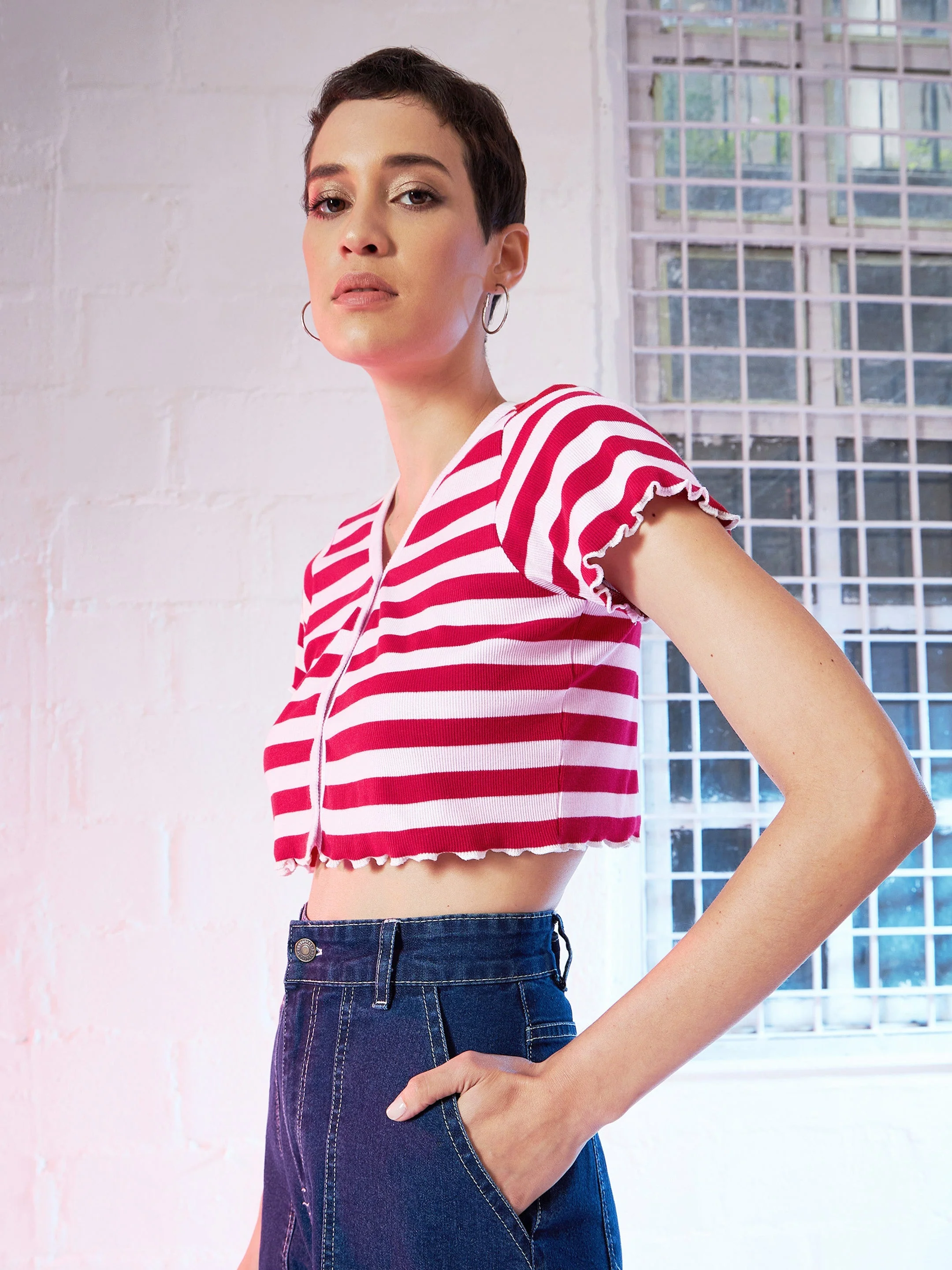 Women Red & Pink Stripes V-Neck Rib Crop Top - Image 3