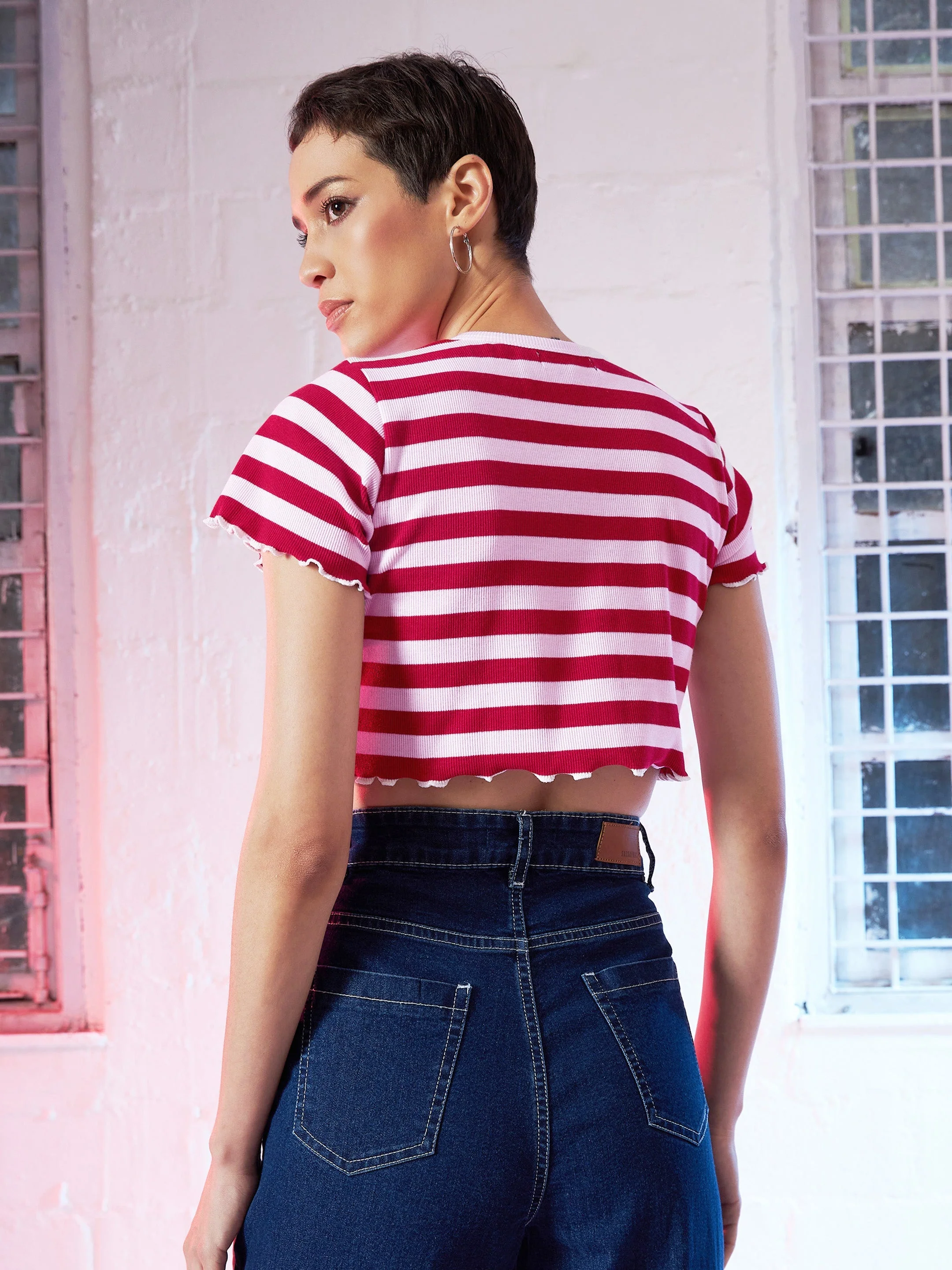 Women Red & Pink Stripes V-Neck Rib Crop Top - Image 5
