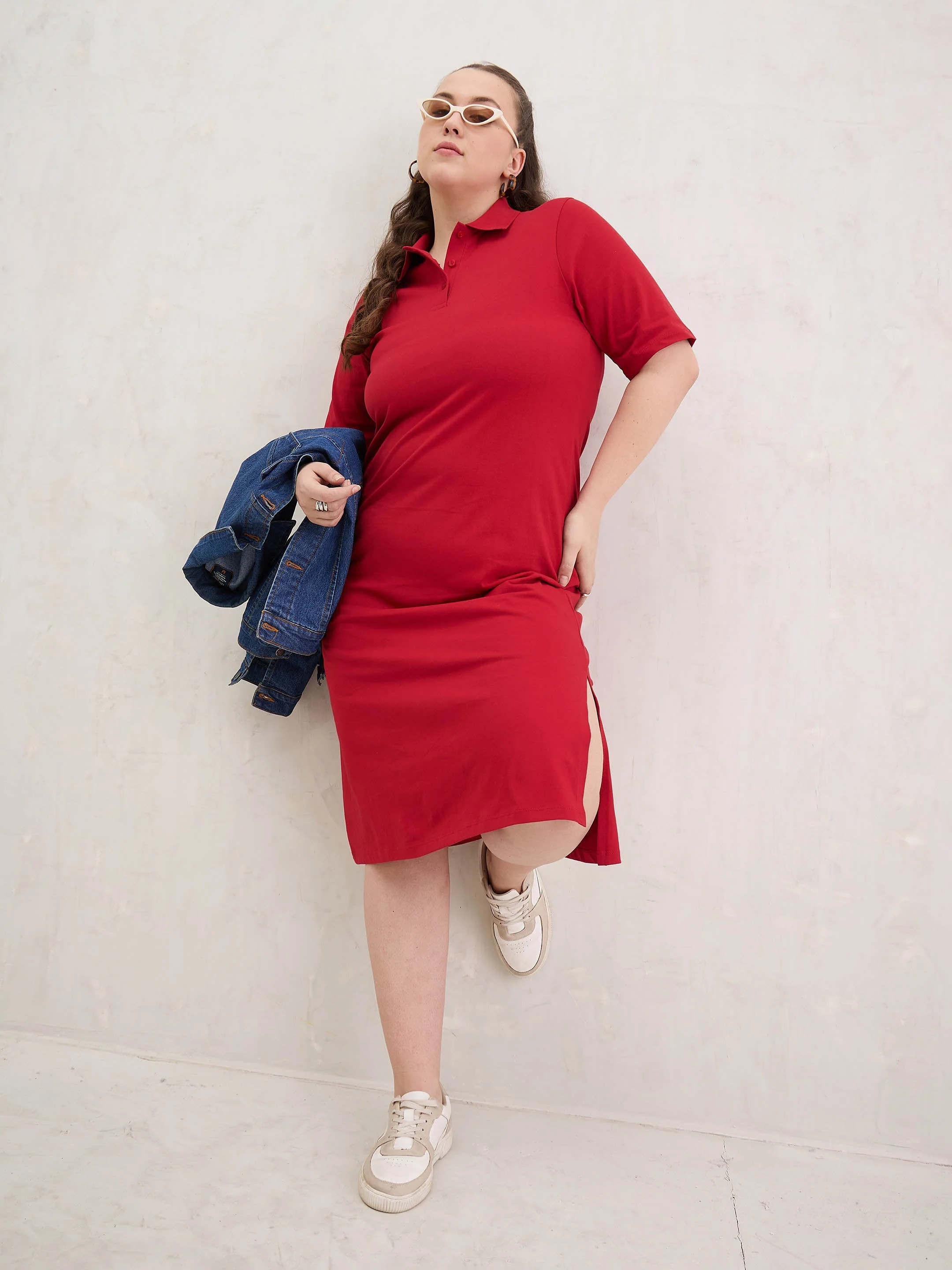 Women Red Polo Neck Side Slit Midi Dress - Image 2