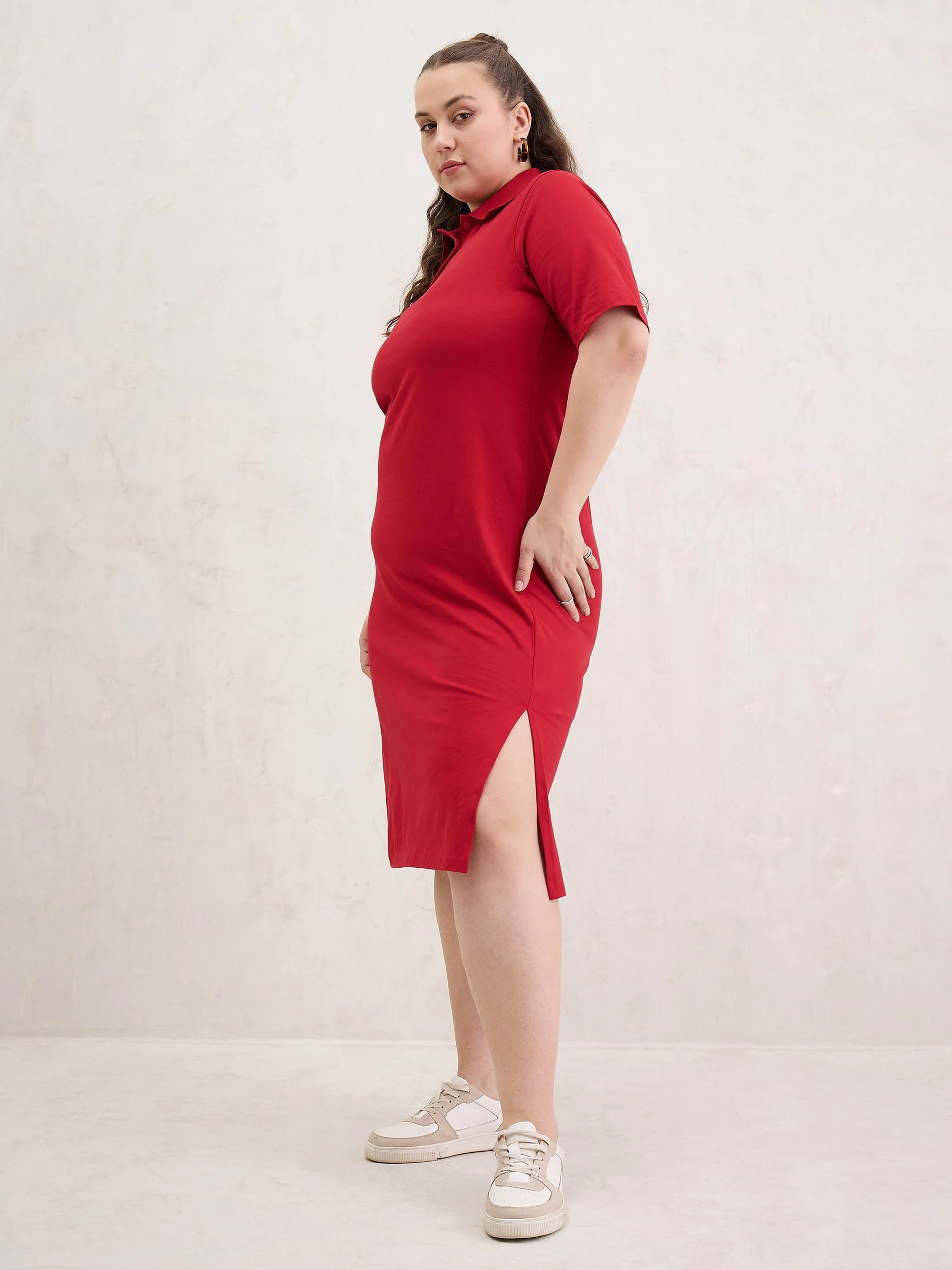 Women Red Polo Neck Side Slit Midi Dress - Image 3