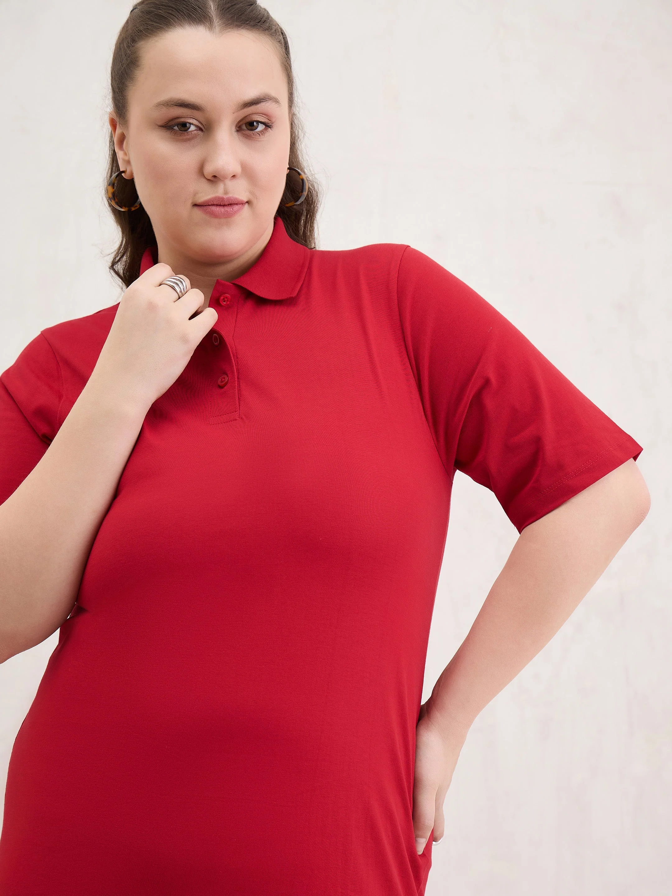 Women Red Polo Neck Side Slit Midi Dress - Image 4