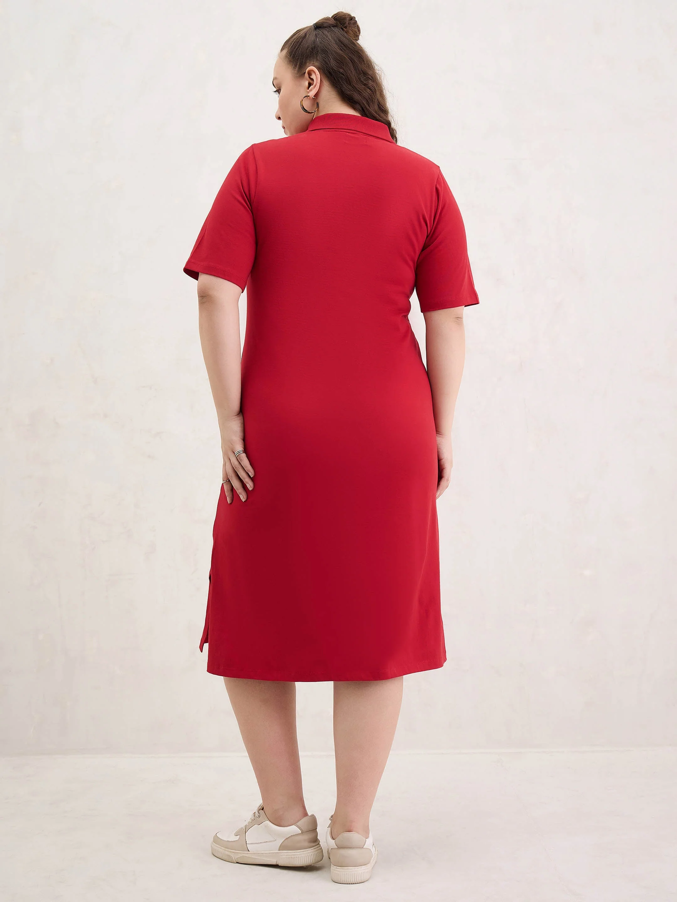 Women Red Polo Neck Side Slit Midi Dress - Image 5