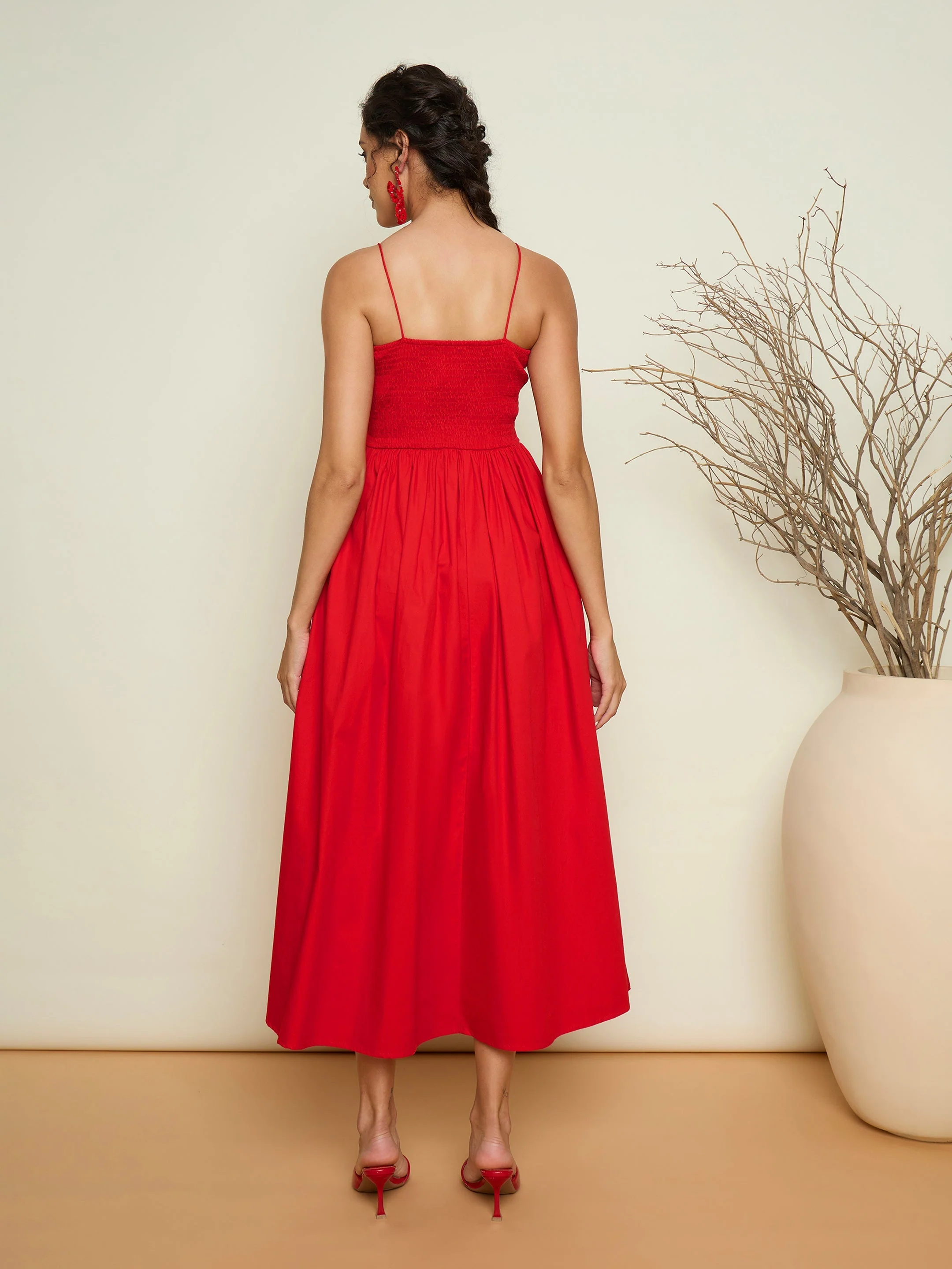 Women Red Poplin Front Corsage Strappy Maxi Dress - Image 2
