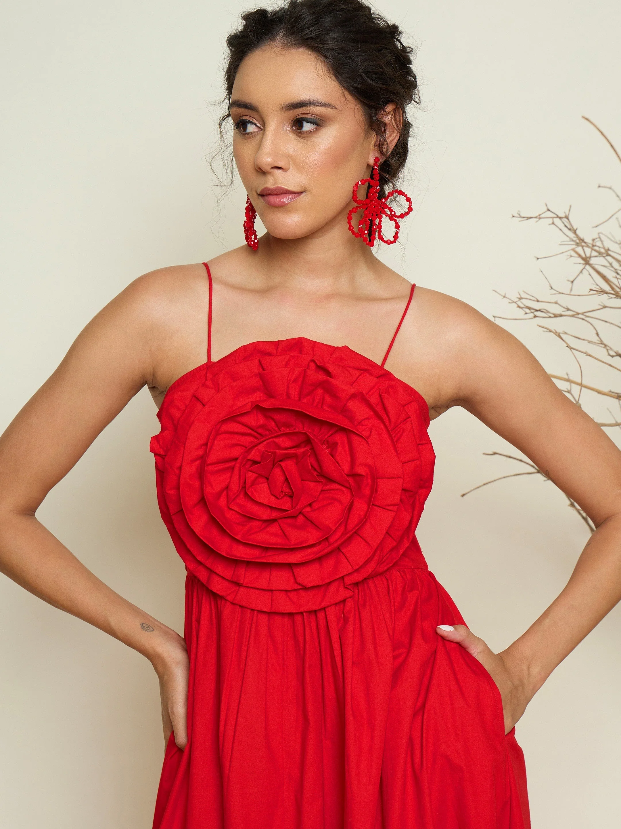Women Red Poplin Front Corsage Strappy Maxi Dress - Image 3