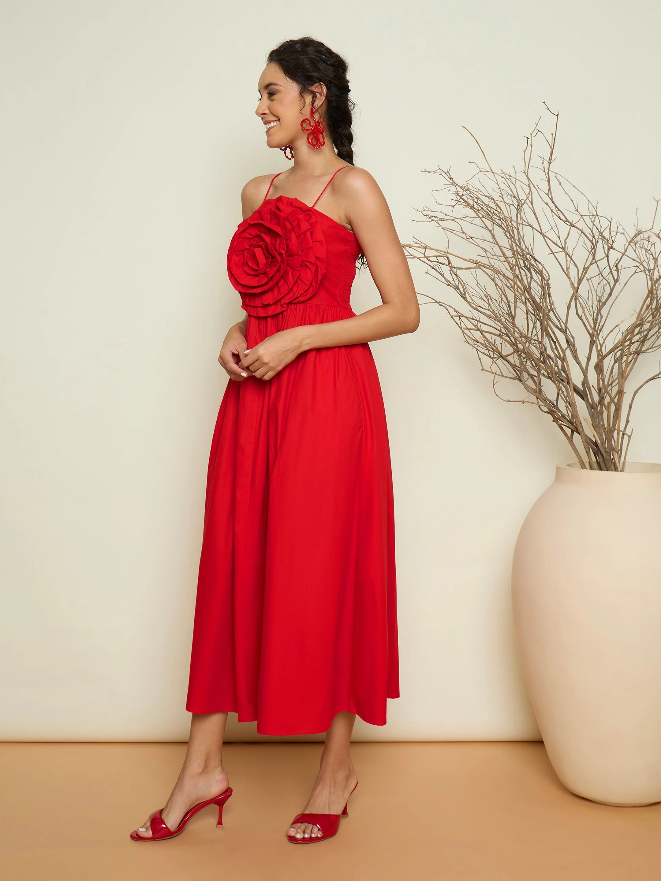 Women Red Poplin Front Corsage Strappy Maxi Dress - Image 5
