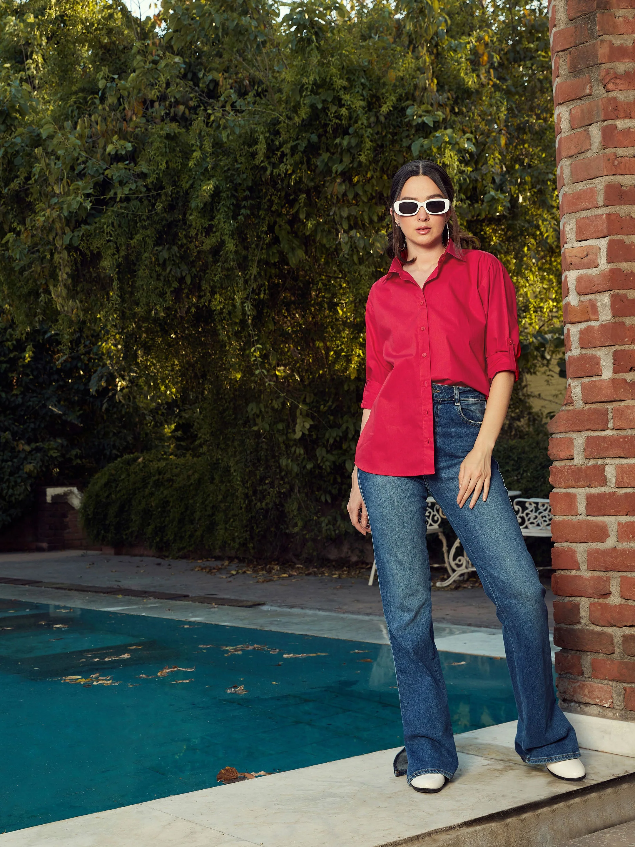 Women Red Poplin Oversized Shirt - Image 2