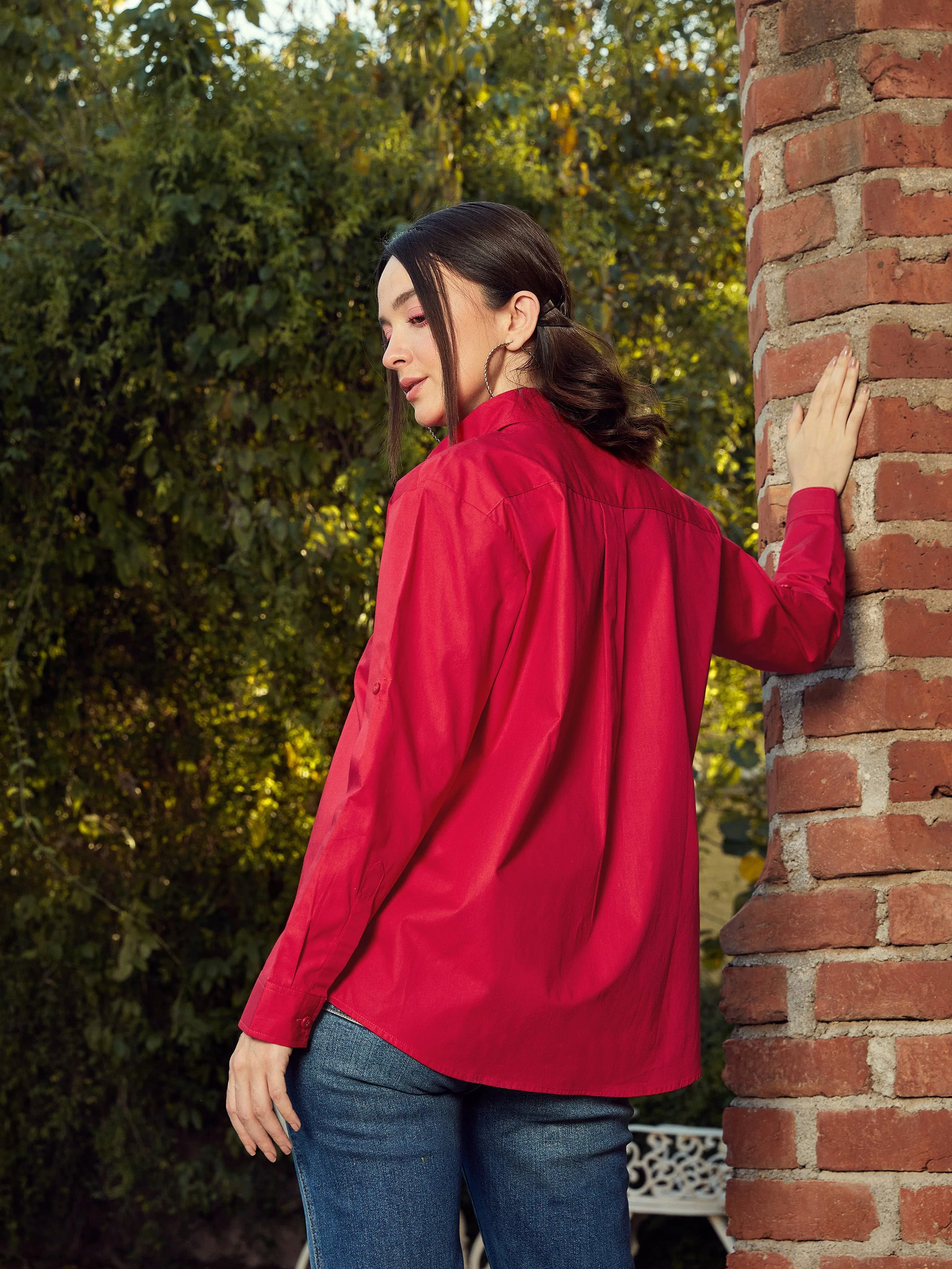Women Red Poplin Oversized Shirt - Image 3