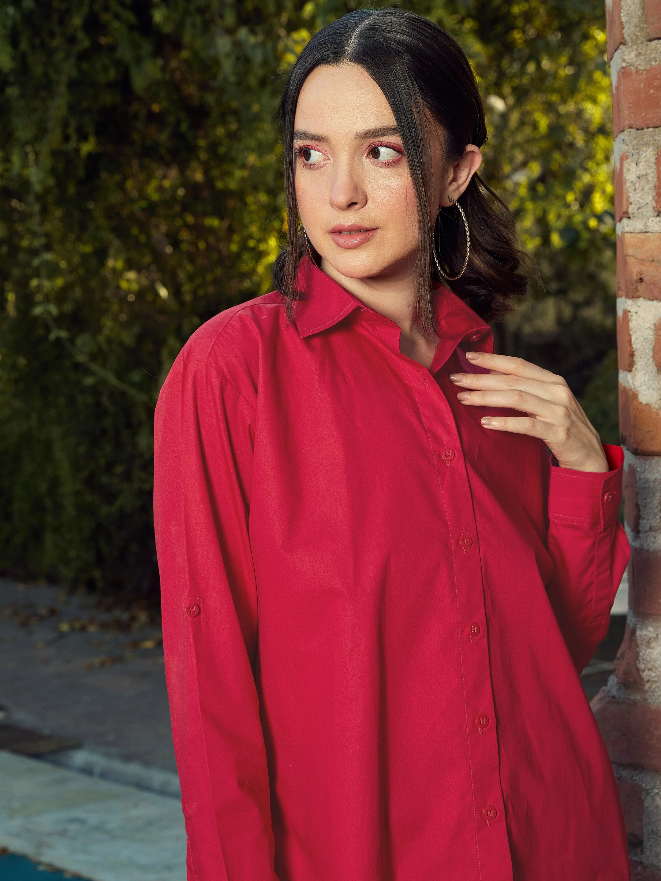Women Red Poplin Oversized Shirt - Image 4
