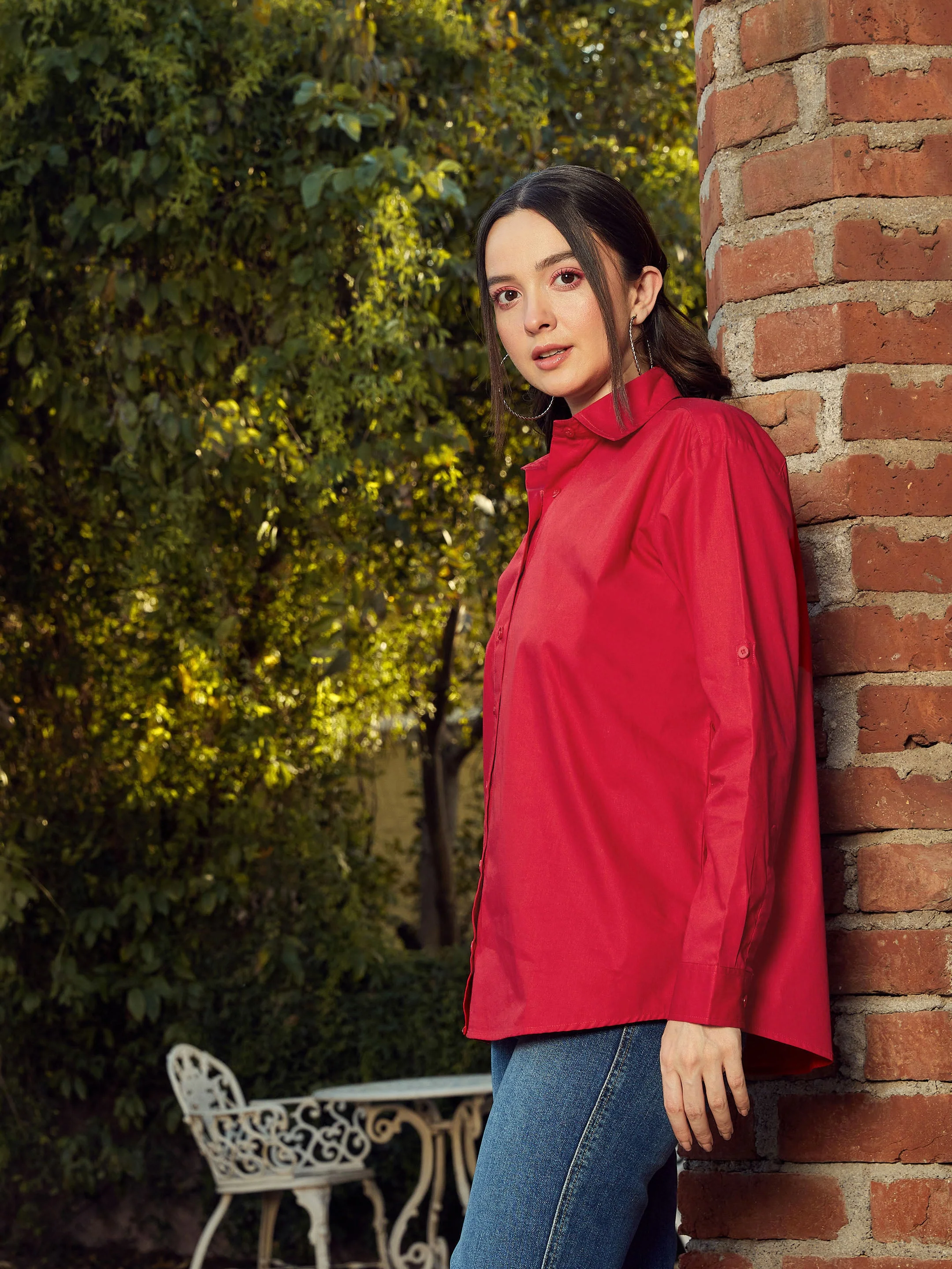 Women Red Poplin Oversized Shirt - Image 5
