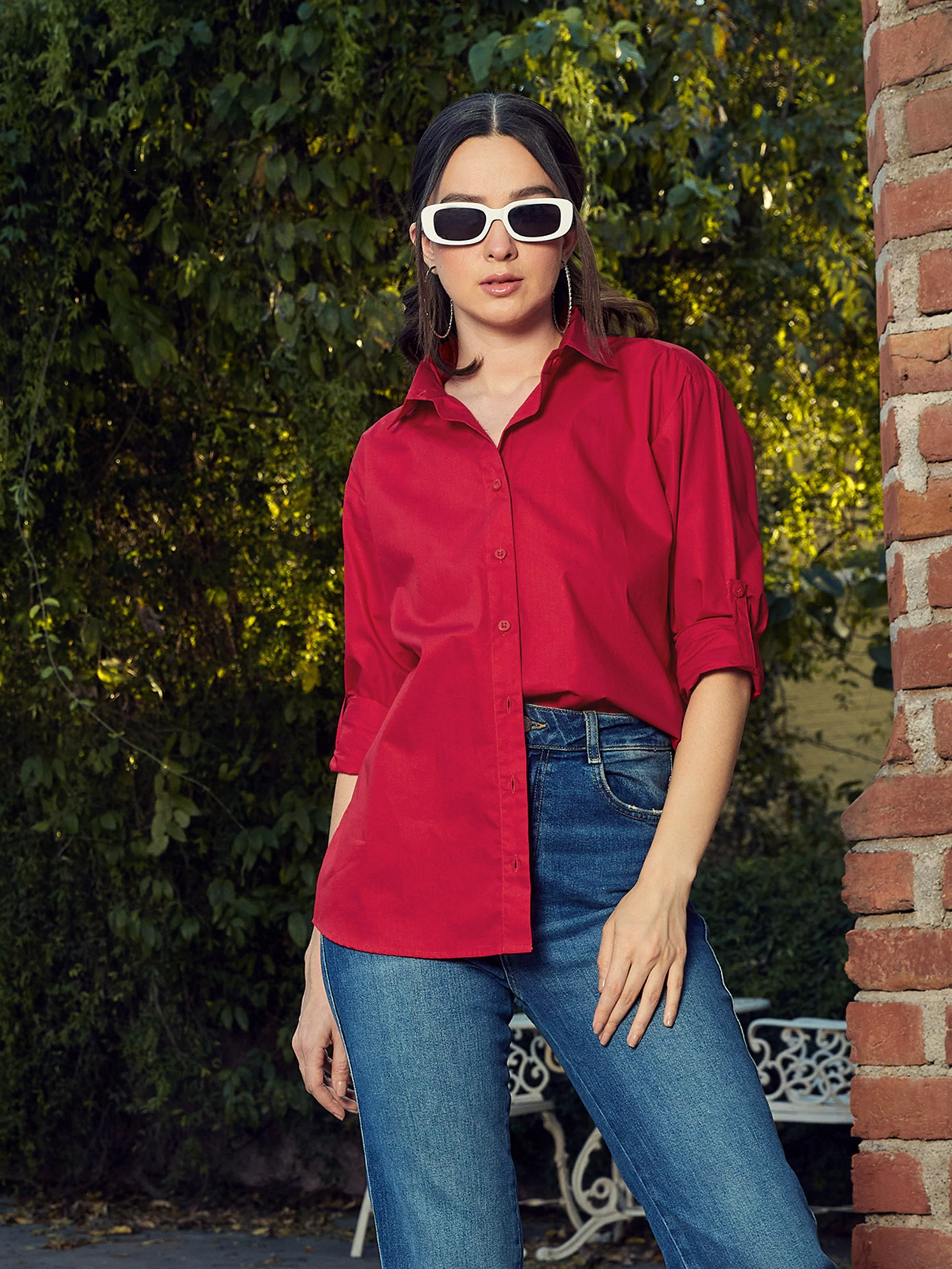 Women Red Poplin Oversized Shirt - Image 6