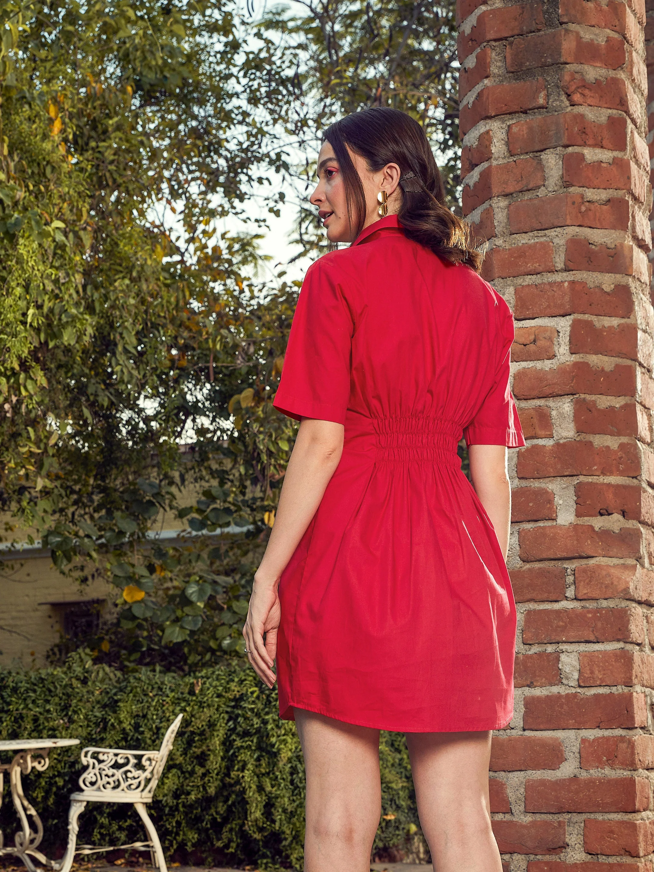 Women Red Poplin Shirt Dress - Image 5