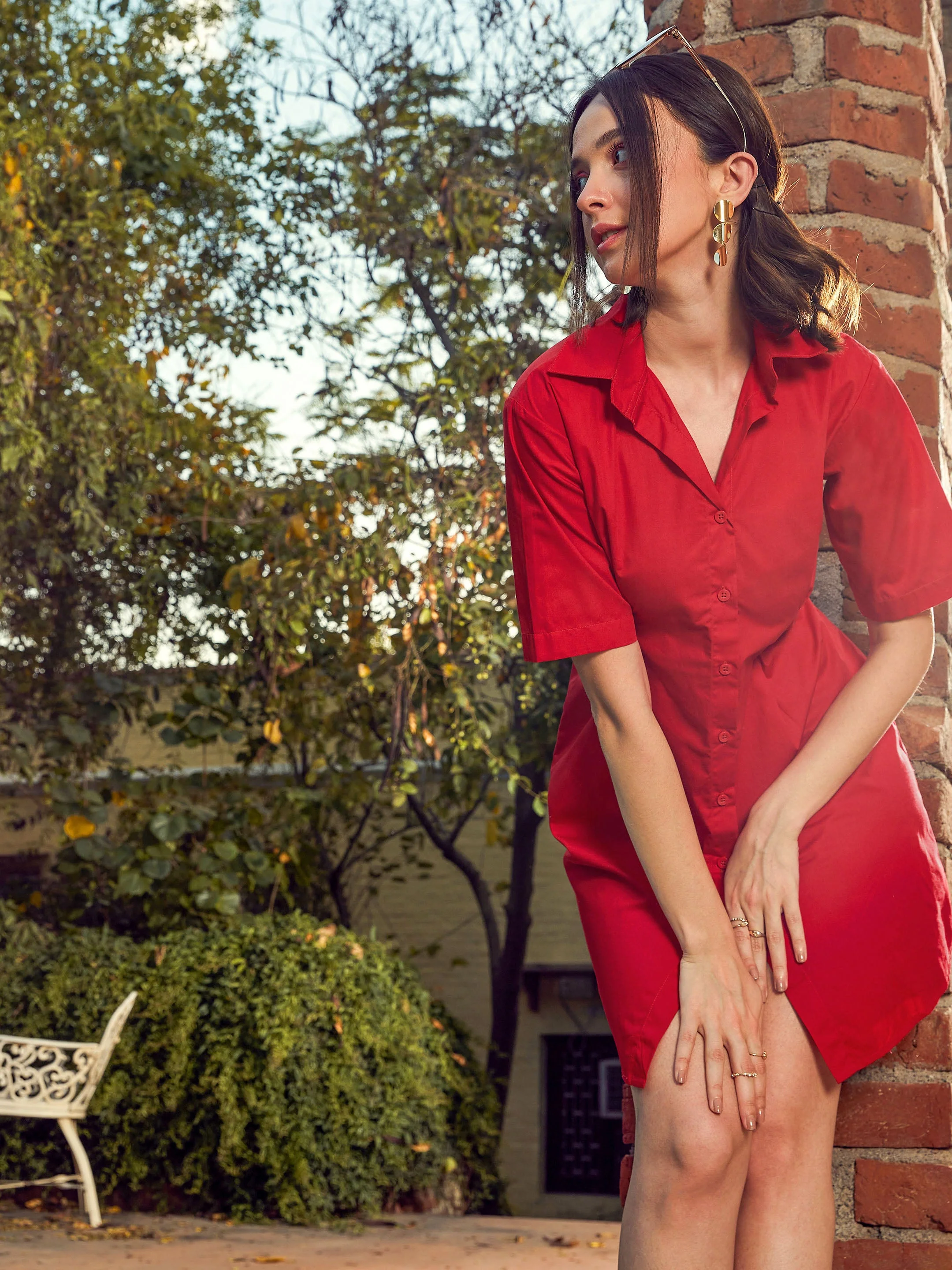 Women Red Poplin Shirt Dress - Image 6