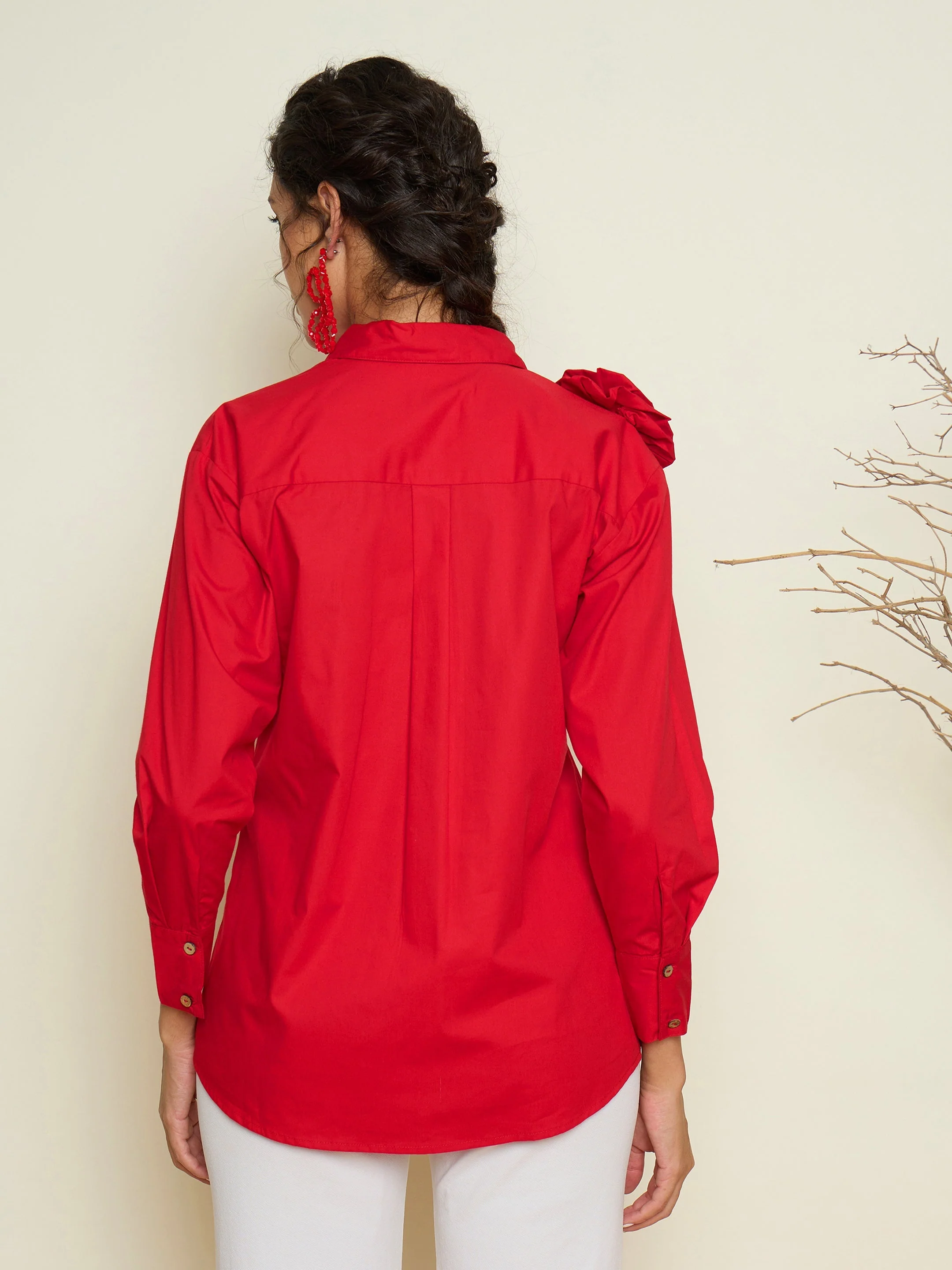 Women Red Poplin Shoulder Corsage Regular Shirt - Image 2