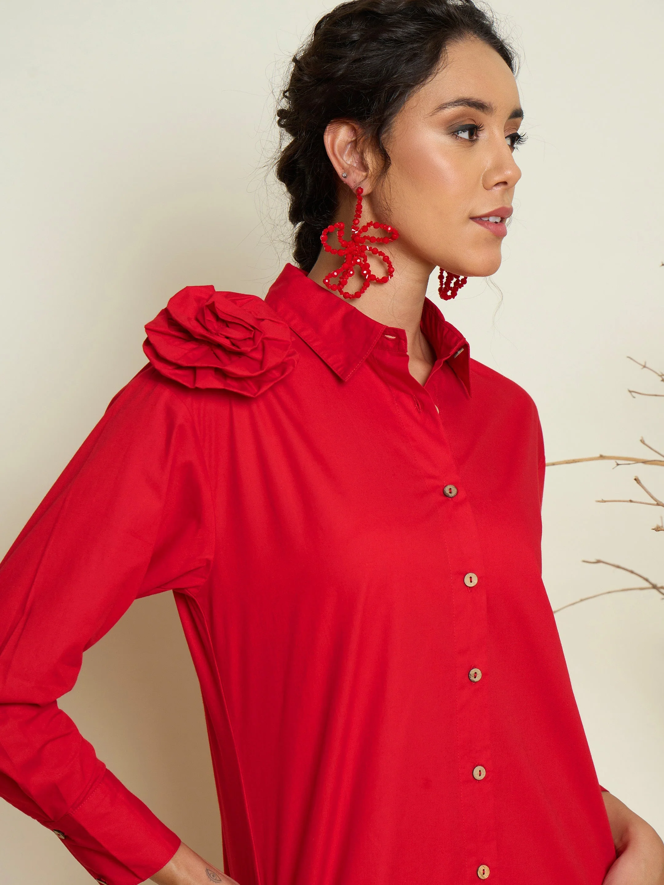 Women Red Poplin Shoulder Corsage Regular Shirt - Image 3