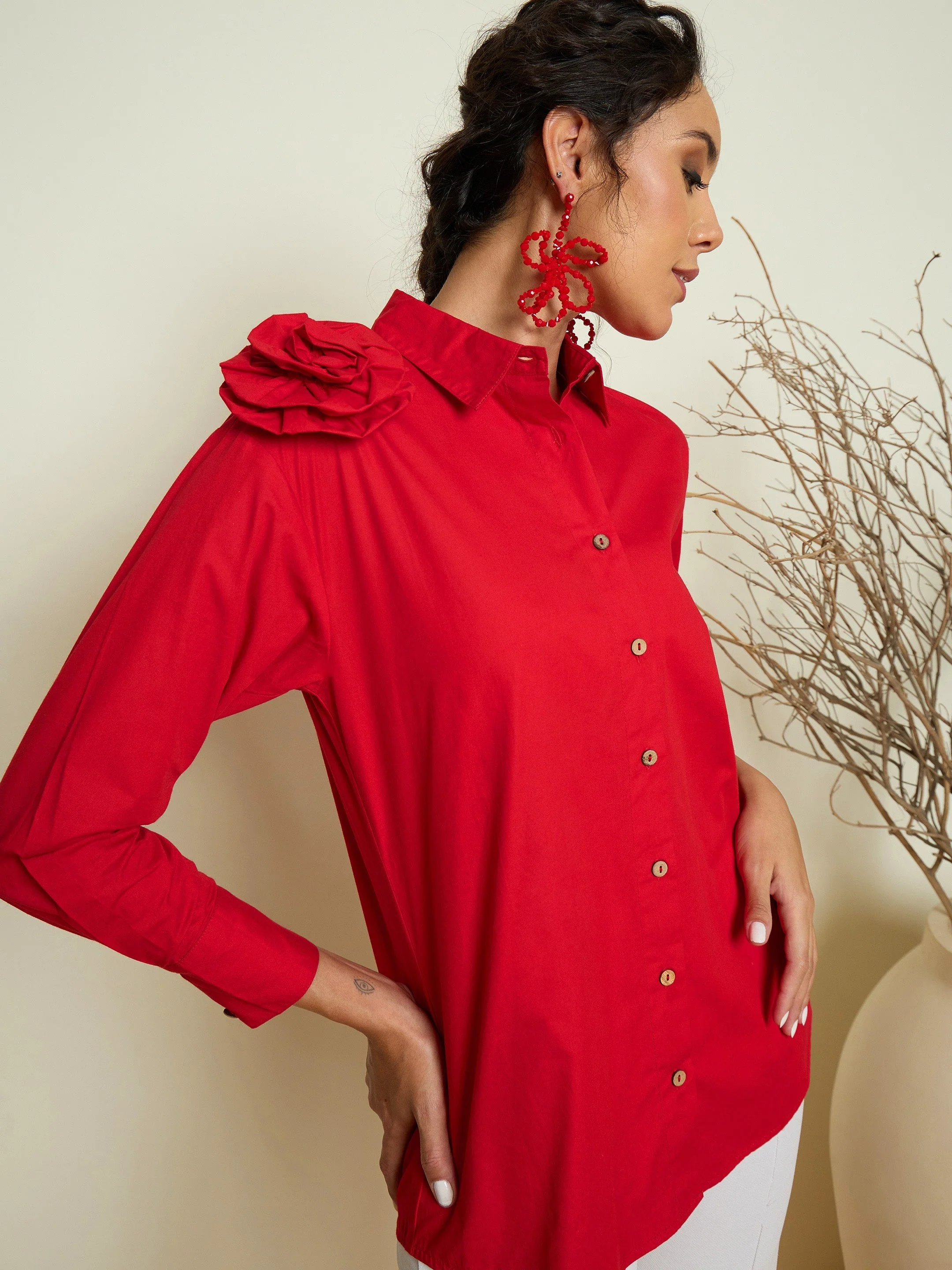 Women Red Poplin Shoulder Corsage Regular Shirt - Image 4