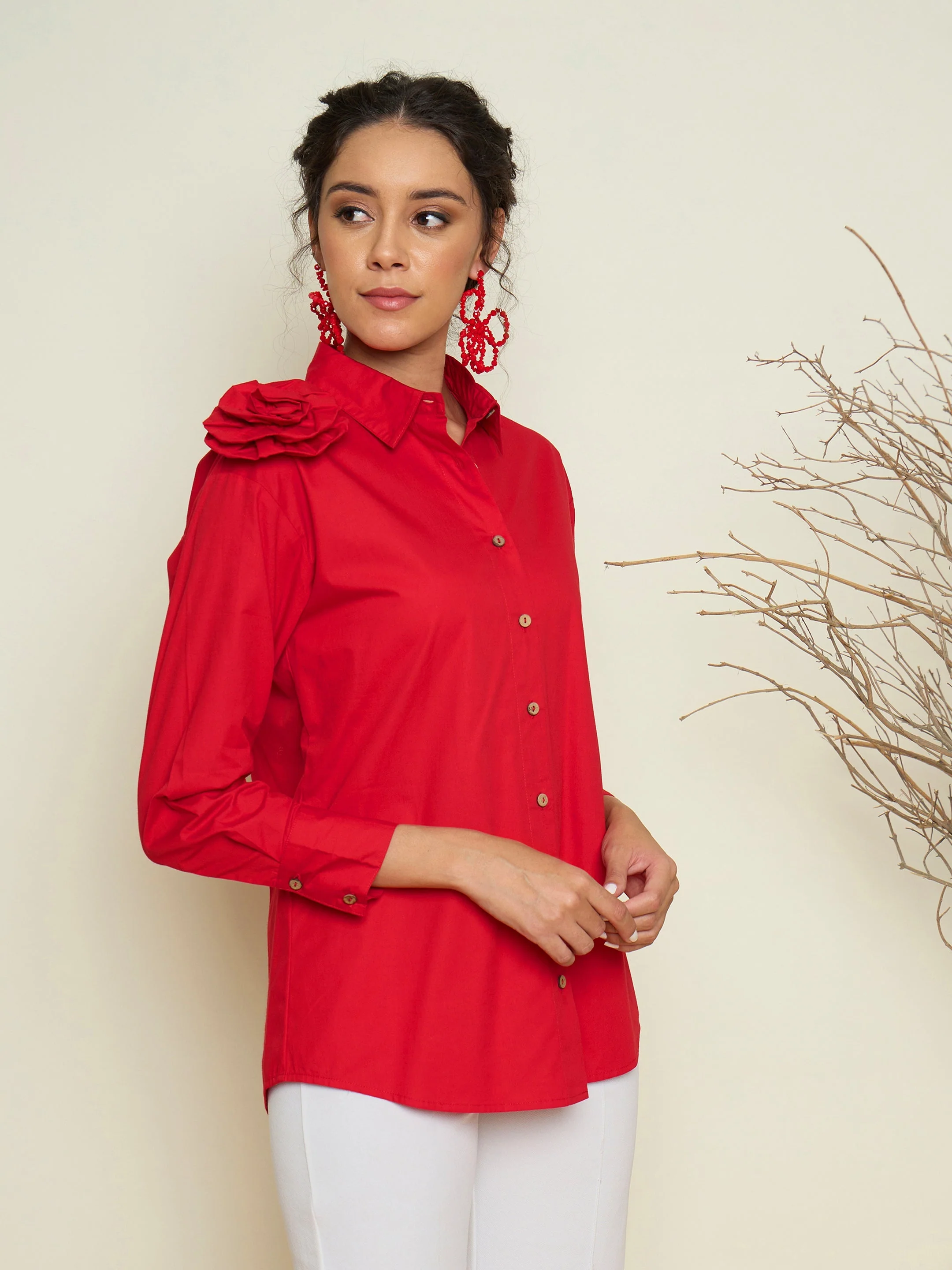 Women Red Poplin Shoulder Corsage Regular Shirt - Image 5