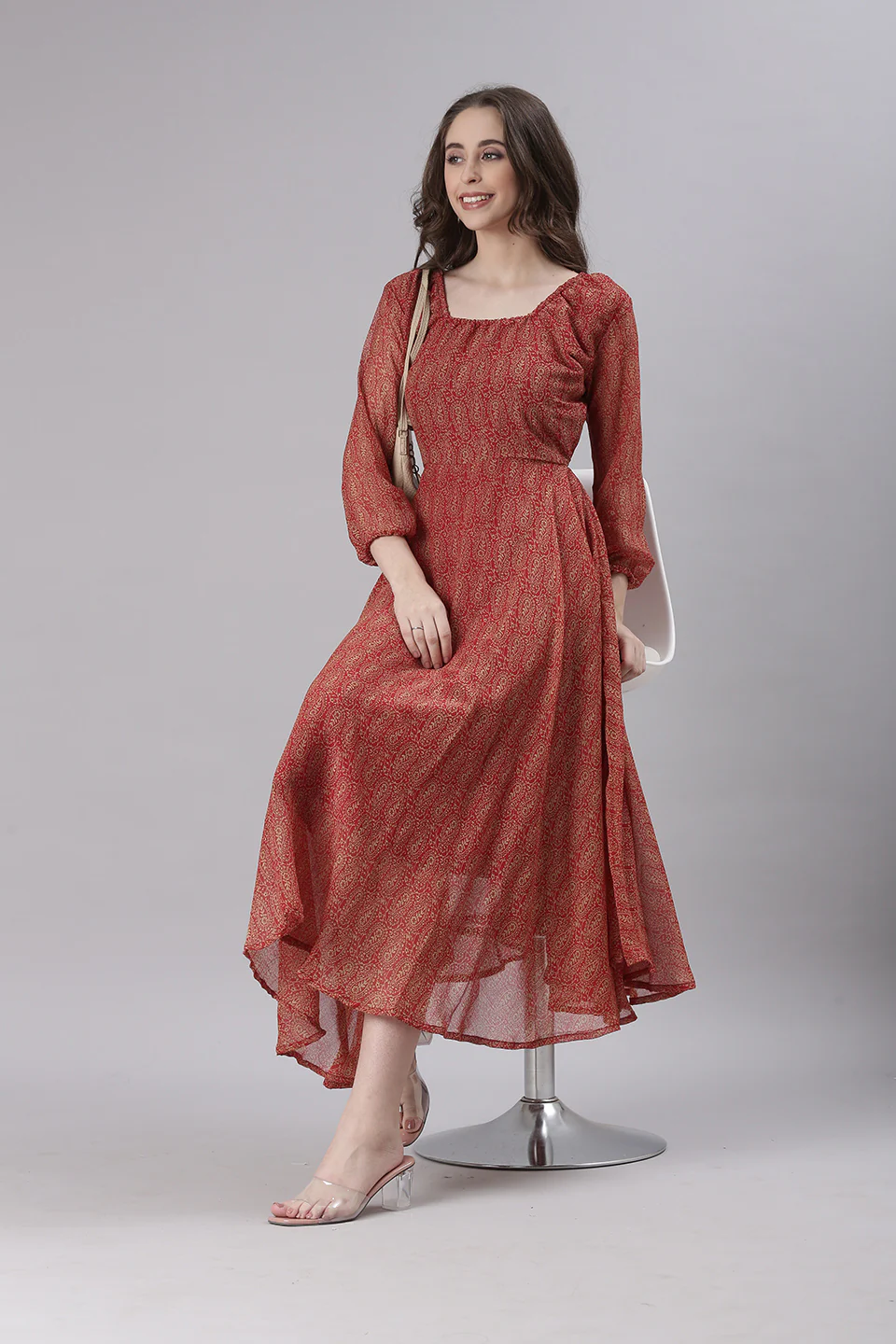 Women Red Printed Fit & Flare Dress - Image 2