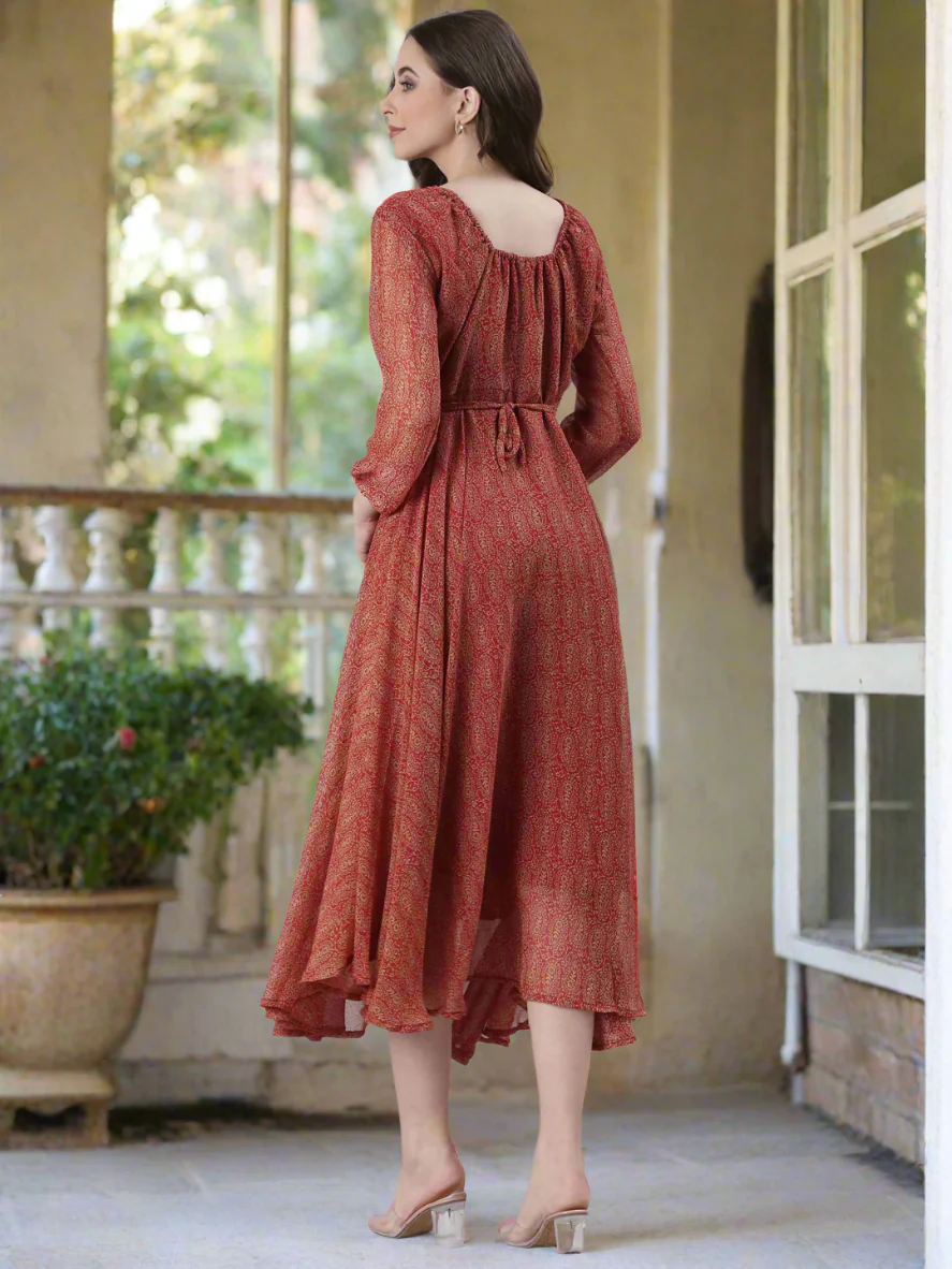 Women Red Printed Fit & Flare Dress - Image 3