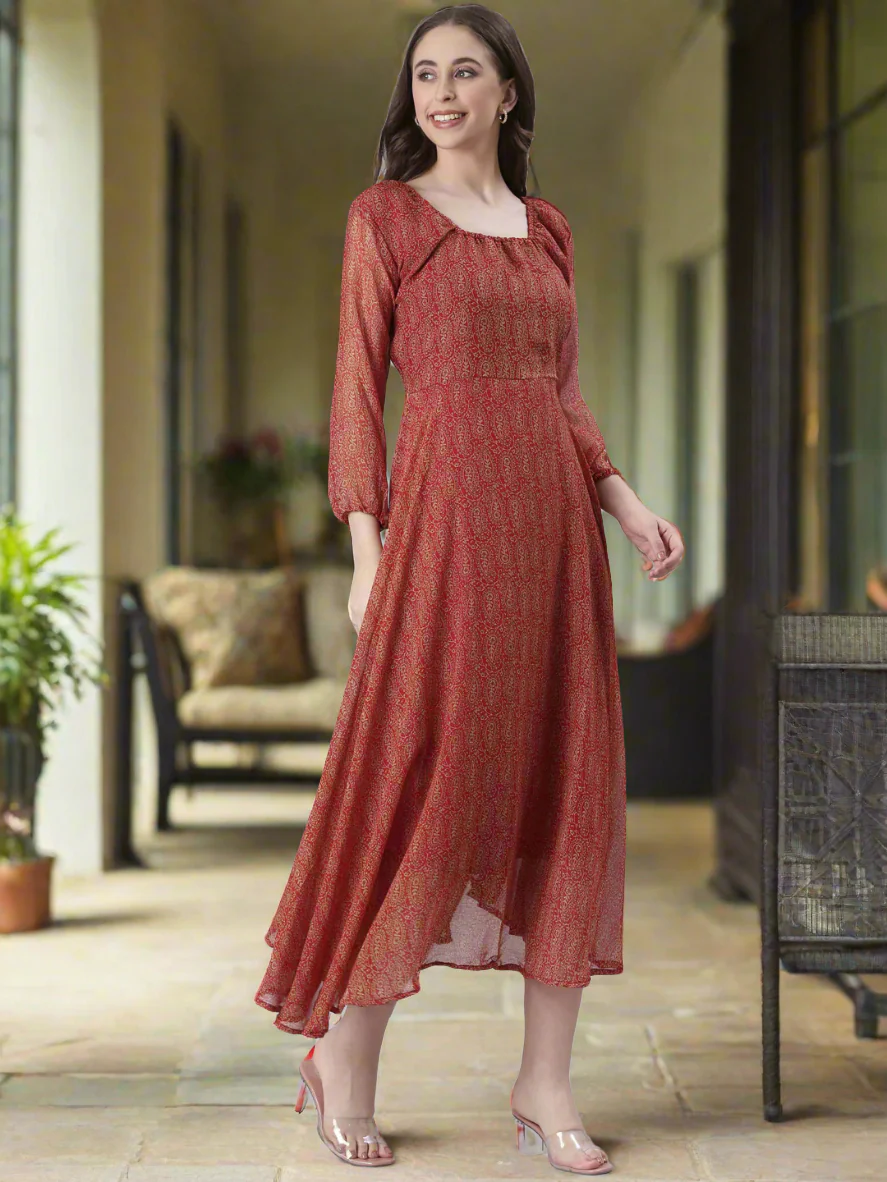Women Red Printed Fit & Flare Dress - Image 4