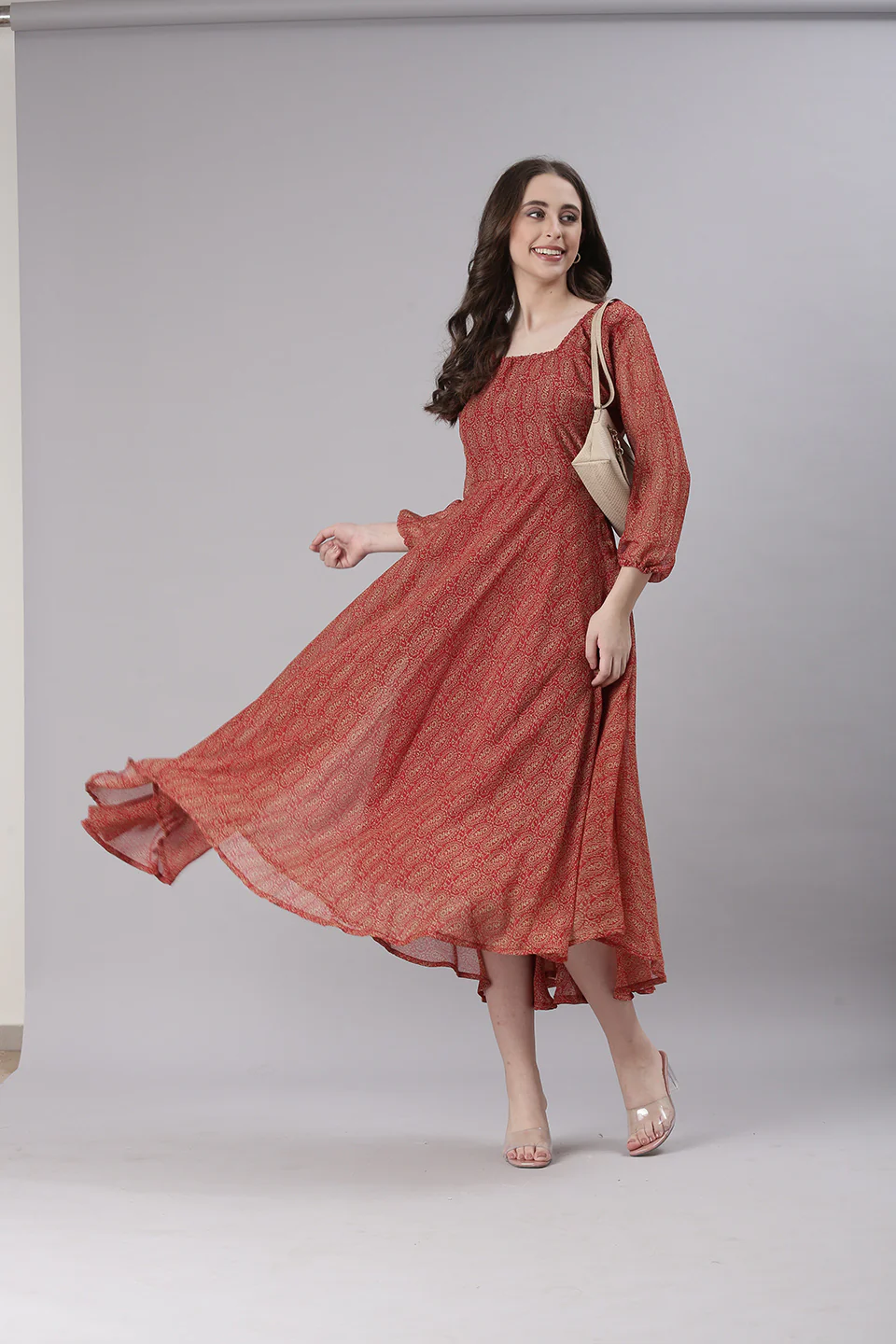 Women Red Printed Fit & Flare Dress - Image 5