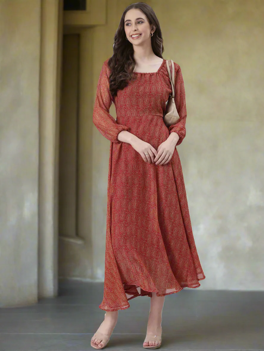 Women Red Printed Fit & Flare Dress - Image 6
