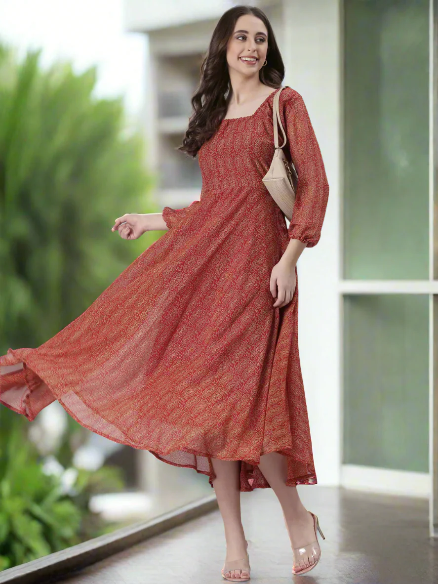 Women Red Printed Fit & Flare Dress - Image 7