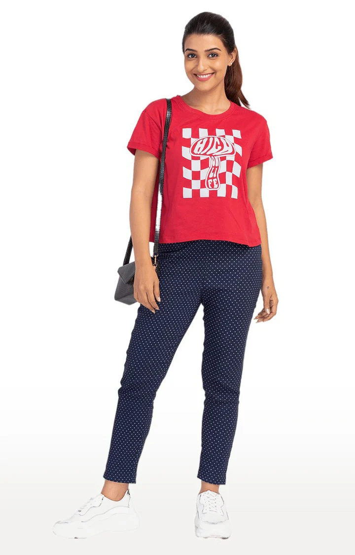 Women Red Printed Casual T-shirt - Image 2
