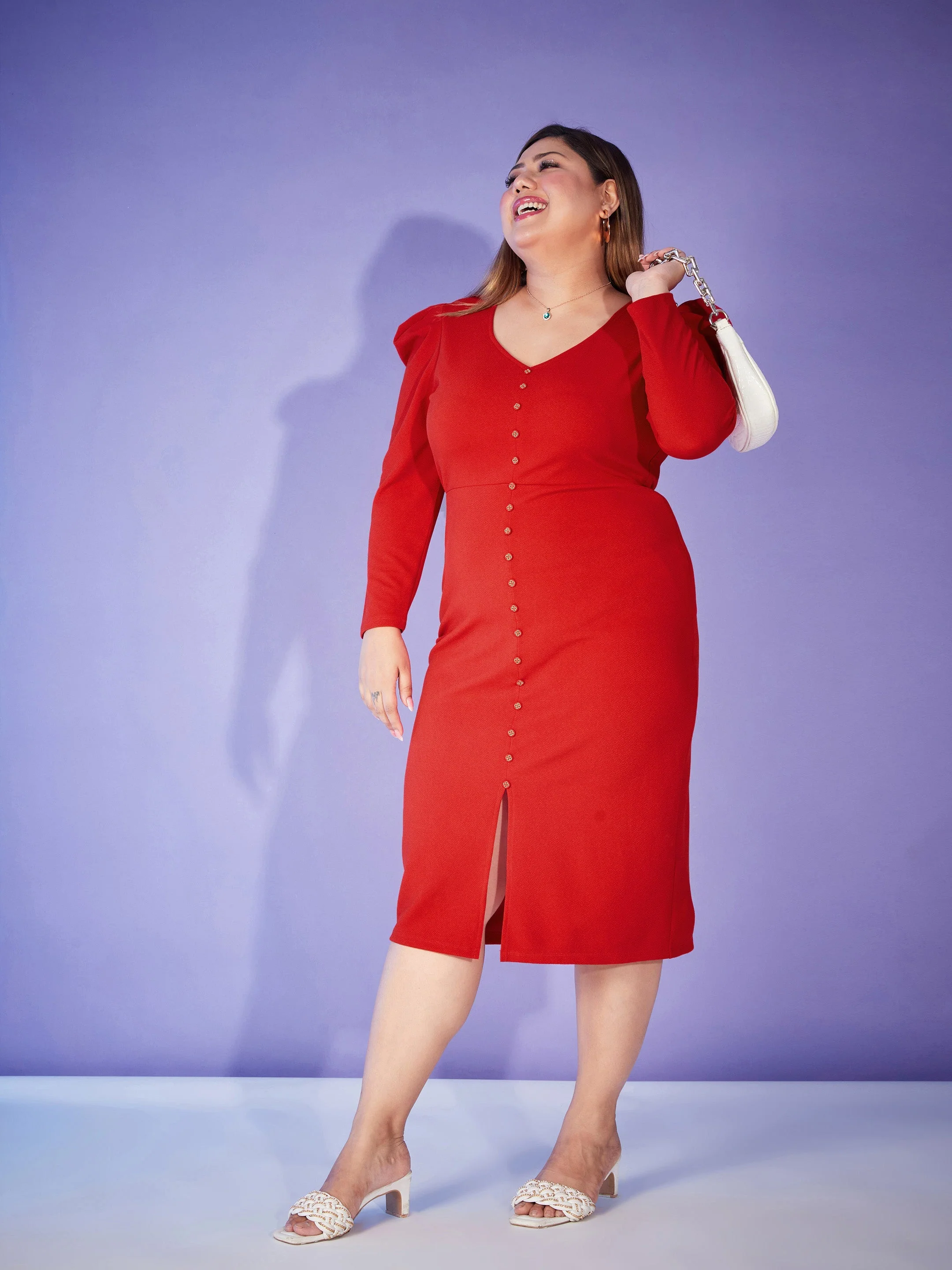 Women Red Puff Sleeve Bodycon Dress - Image 2