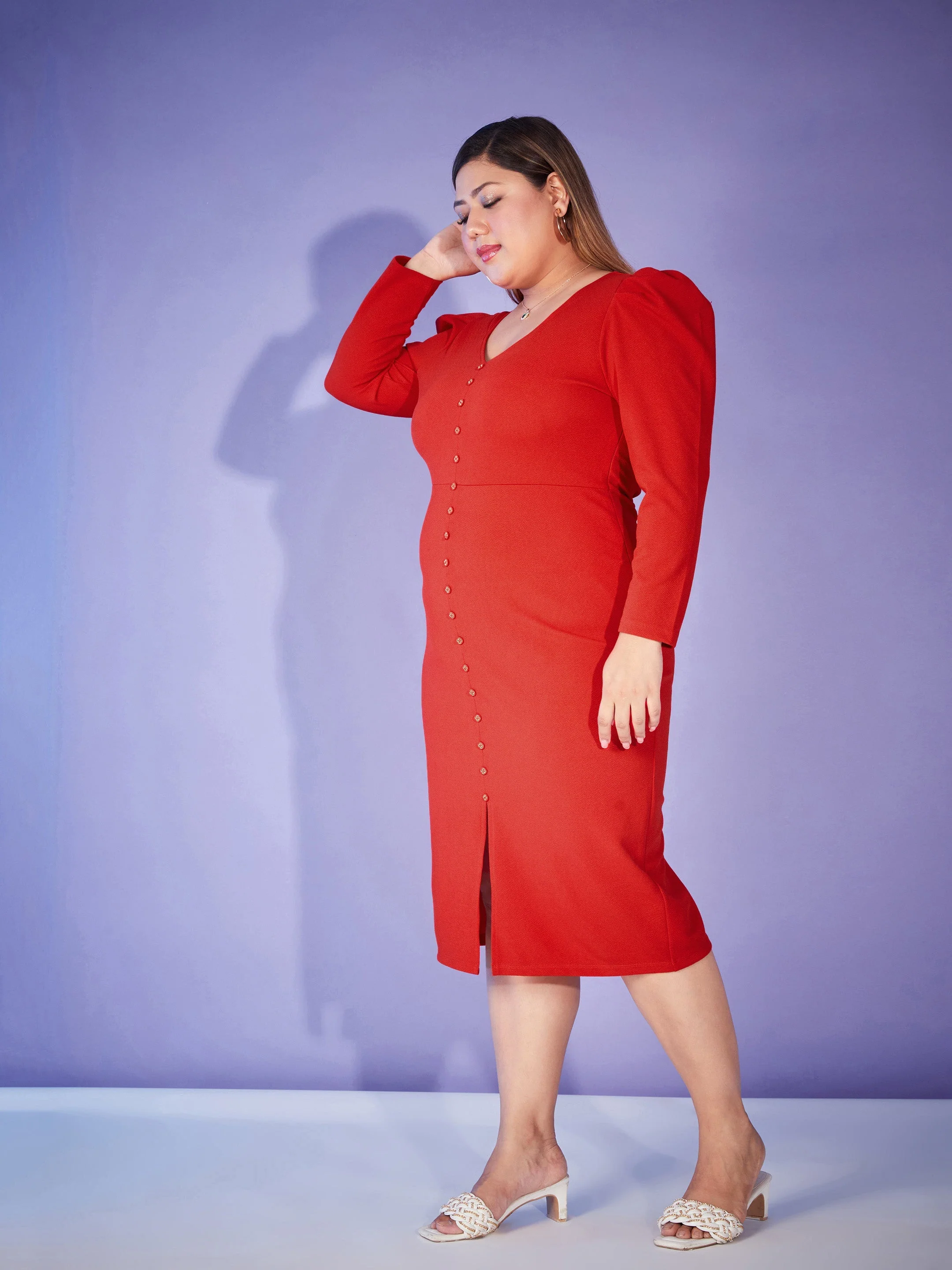 Women Red Puff Sleeve Bodycon Dress - Image 3