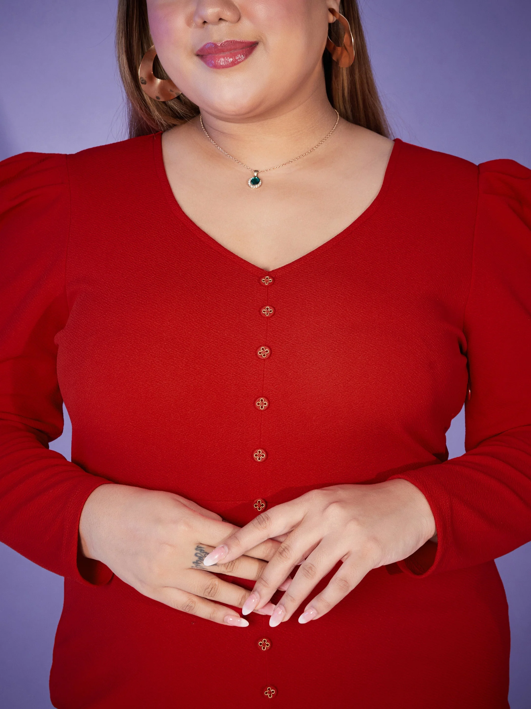 Women Red Puff Sleeve Bodycon Dress - Image 4