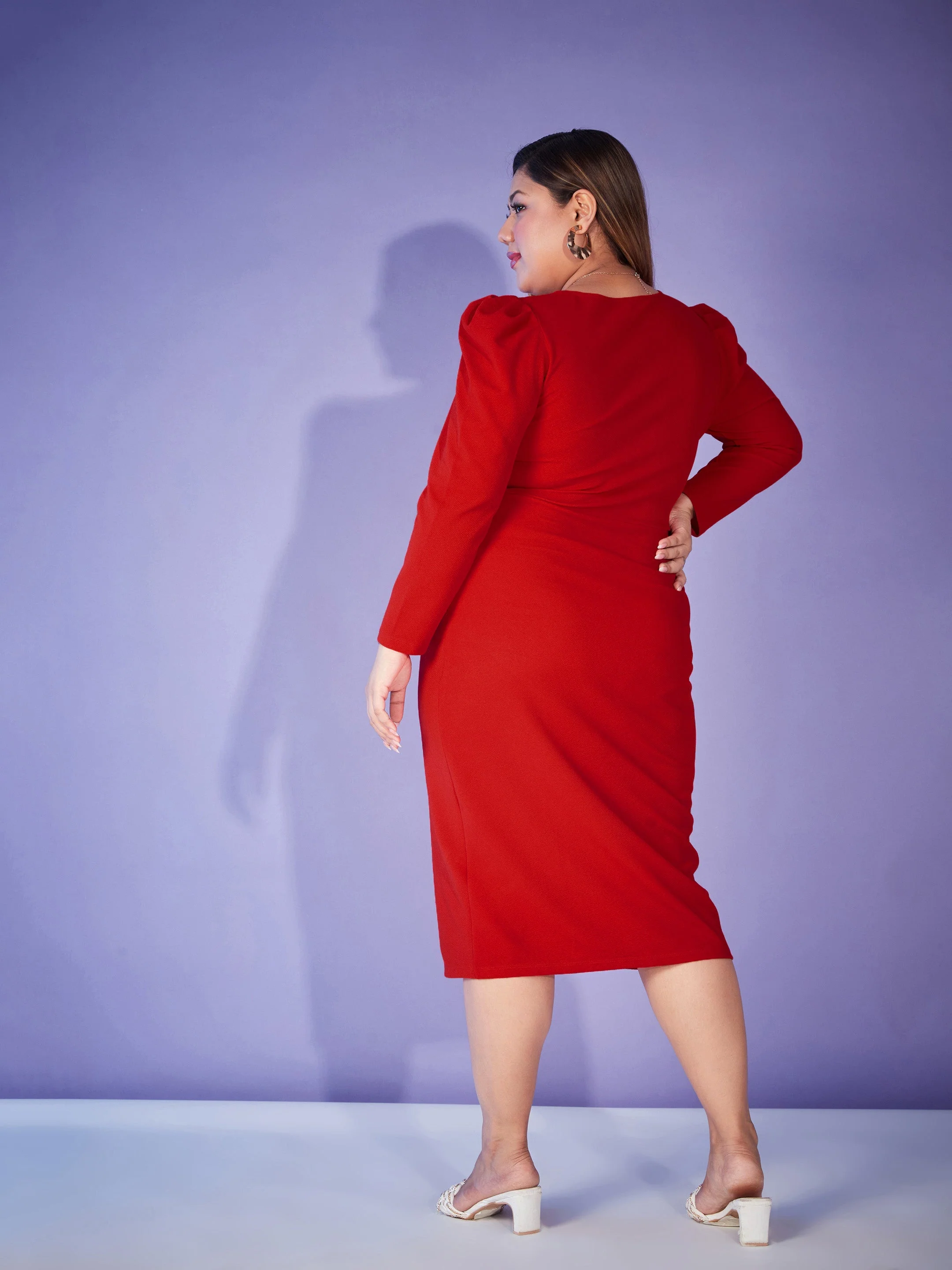 Women Red Puff Sleeve Bodycon Dress - Image 5