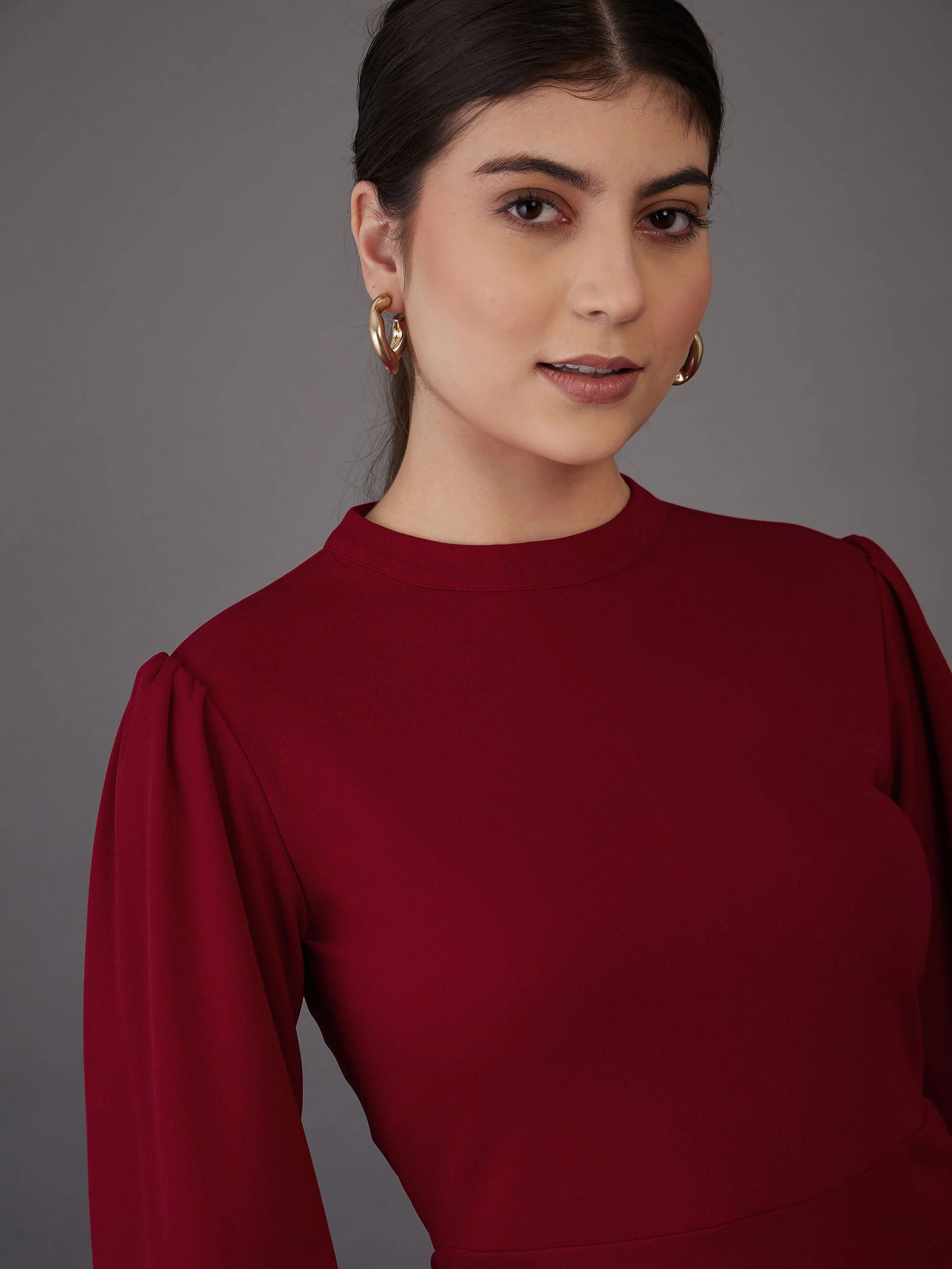 Women Red Puff Sleeves Bodycon Midi Dress - Image 3