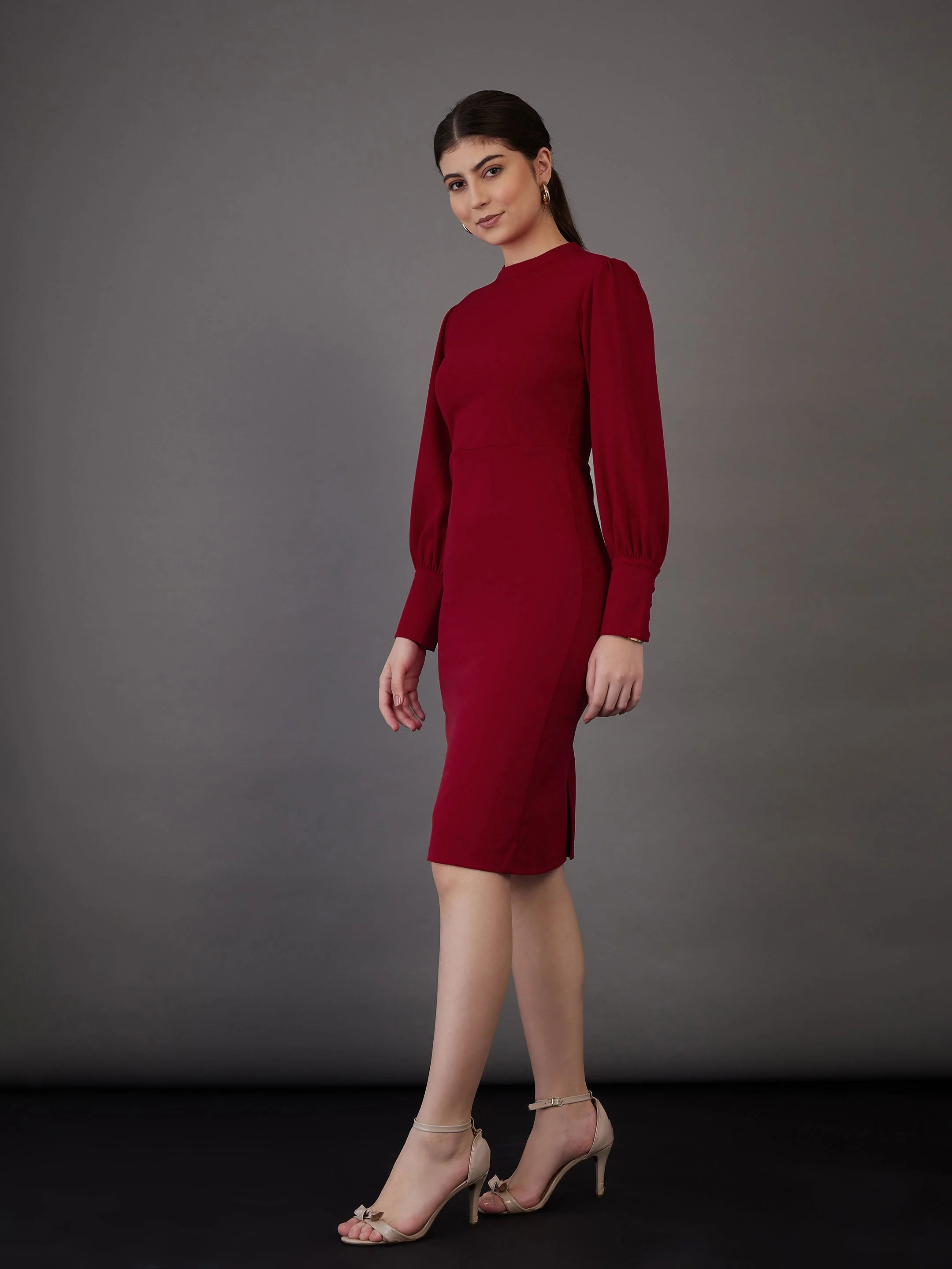 Women Red Puff Sleeves Bodycon Midi Dress - Image 4