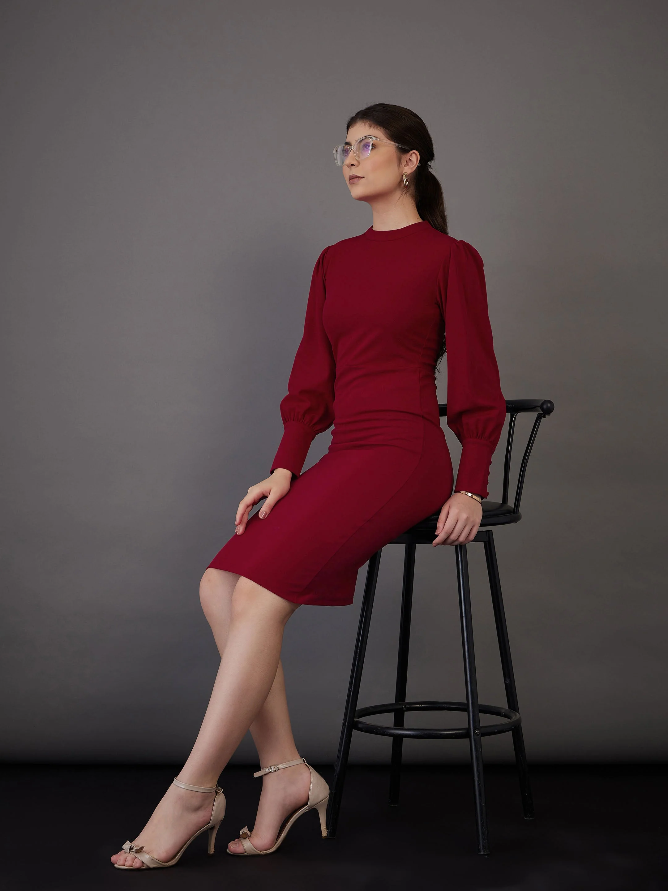 Women Red Puff Sleeves Bodycon Midi Dress - Image 5