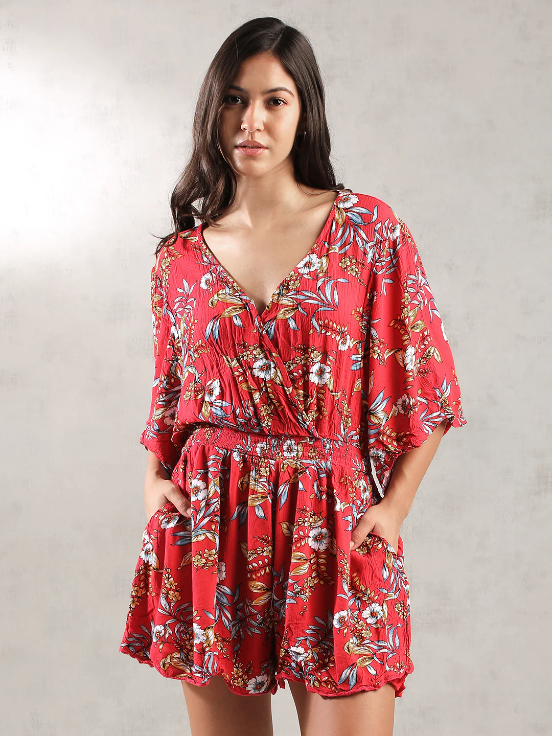 Women Red Tropical Print Romper - Image 2