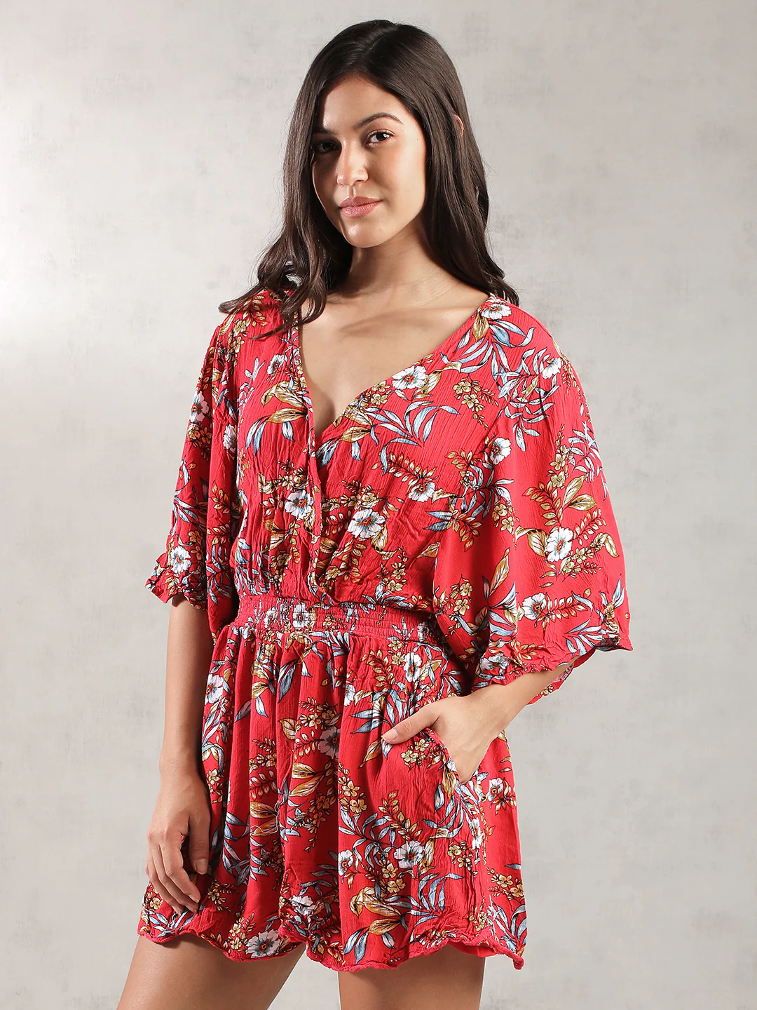 Women Red Tropical Print Romper - Image 3
