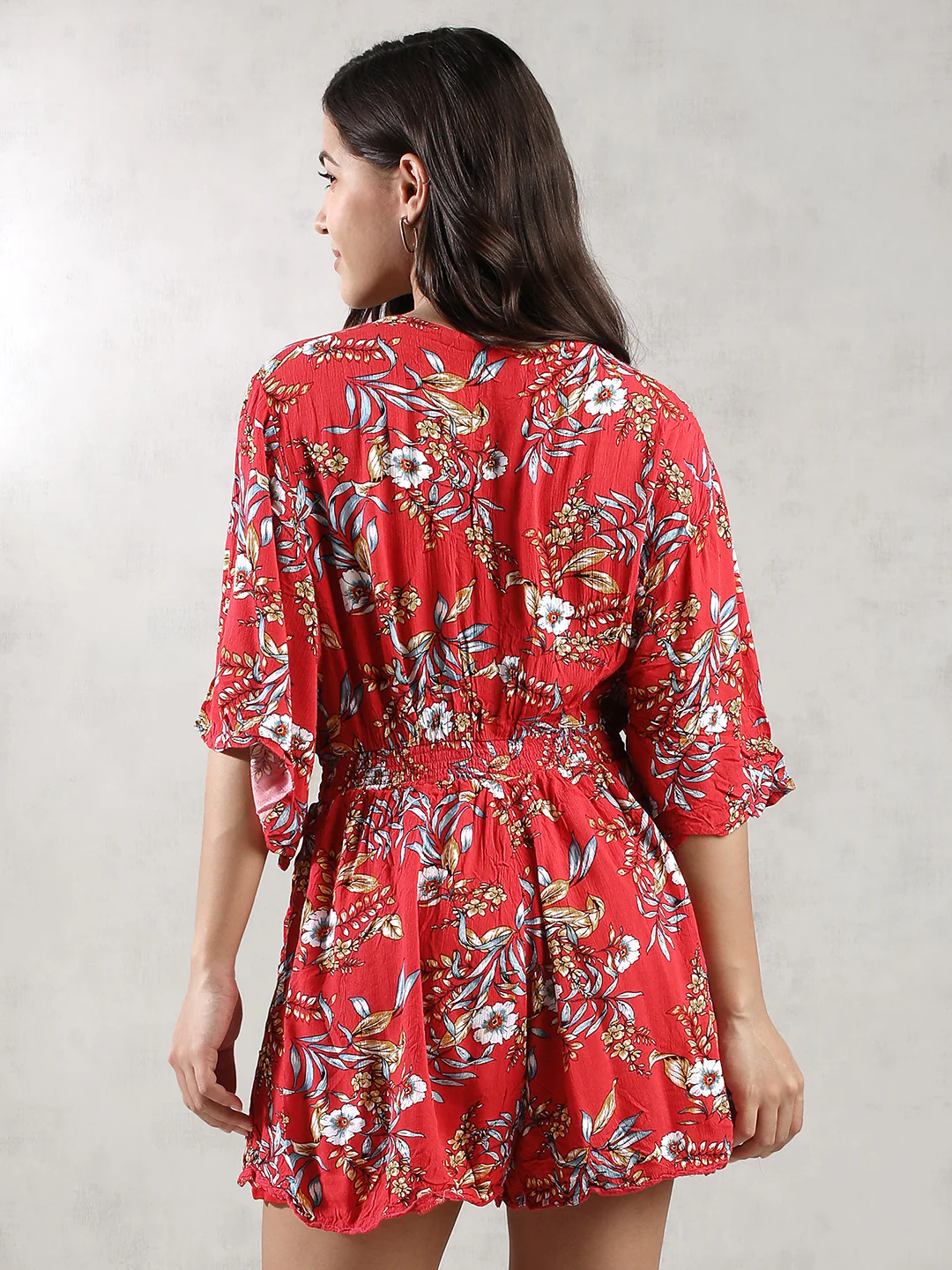 Women Red Tropical Print Romper - Image 4