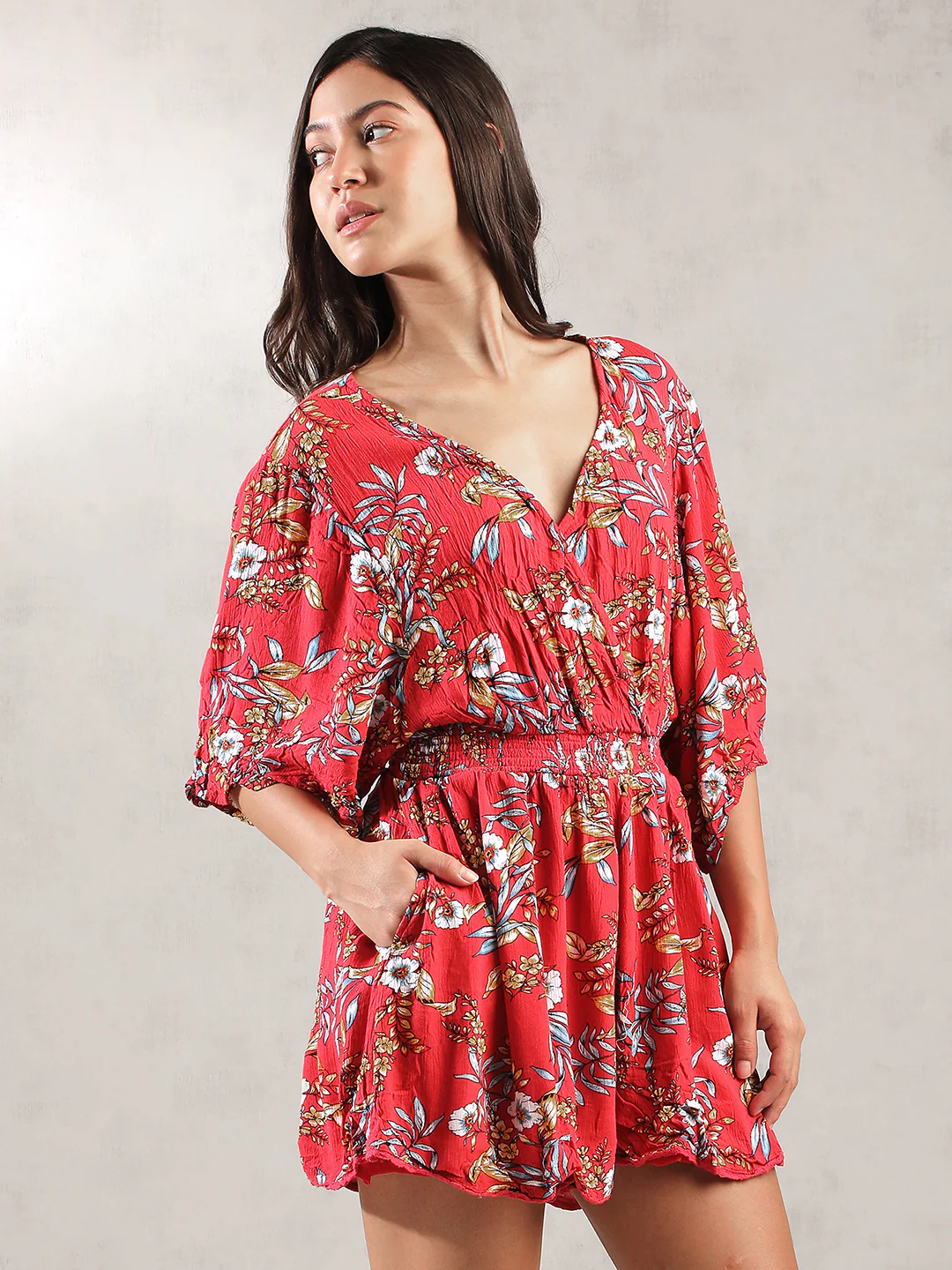 Women Red Tropical Print Romper - Image 6