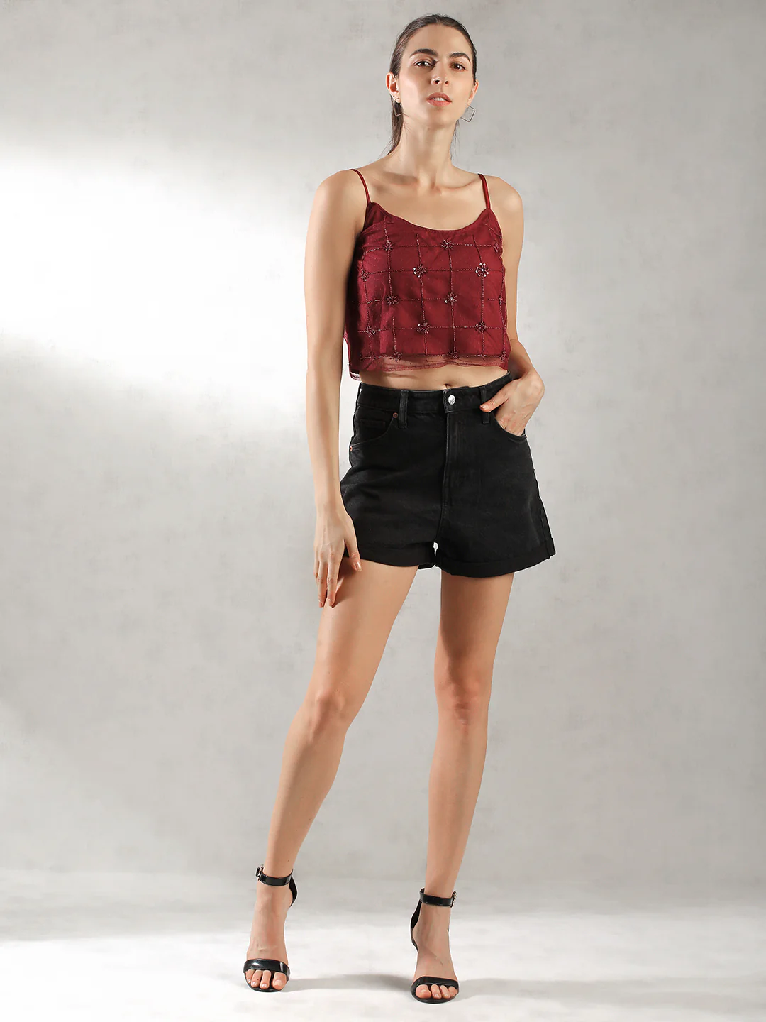 Women Dark Red Textured Design Top - Image 2