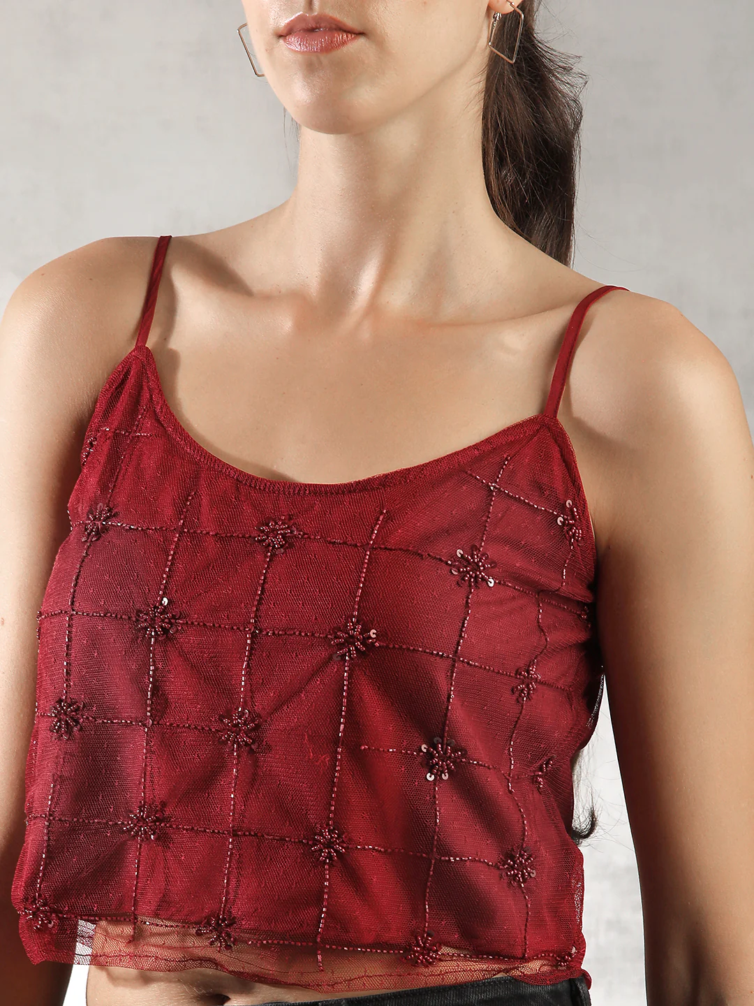 Women Dark Red Textured Design Top - Image 3