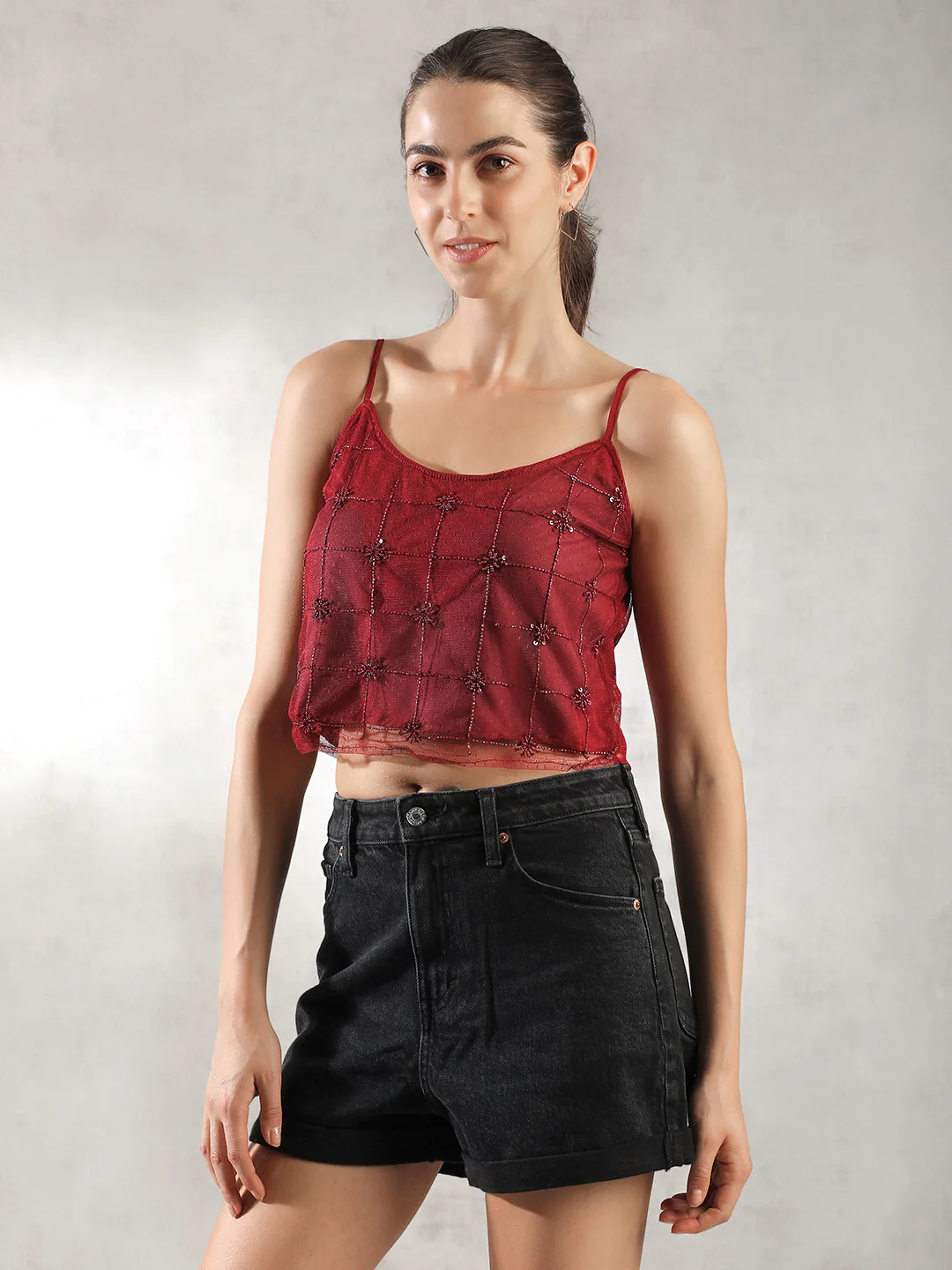 Women Dark Red Textured Design Top - Image 5