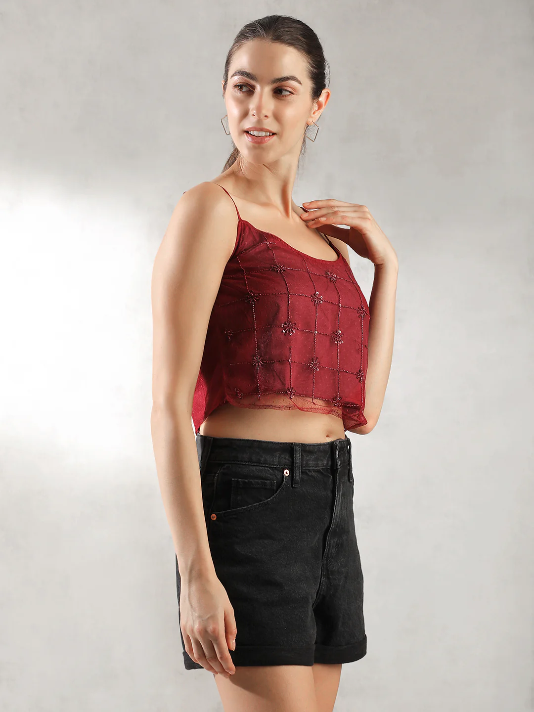 Women Dark Red Textured Design Top - Image 6