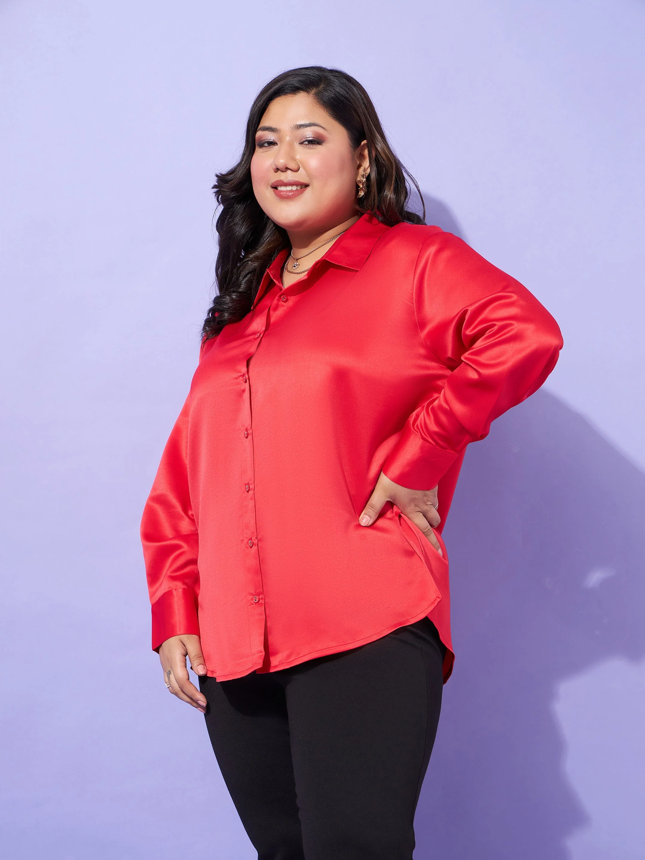Women Red Regular Satin Shirt - Image 3
