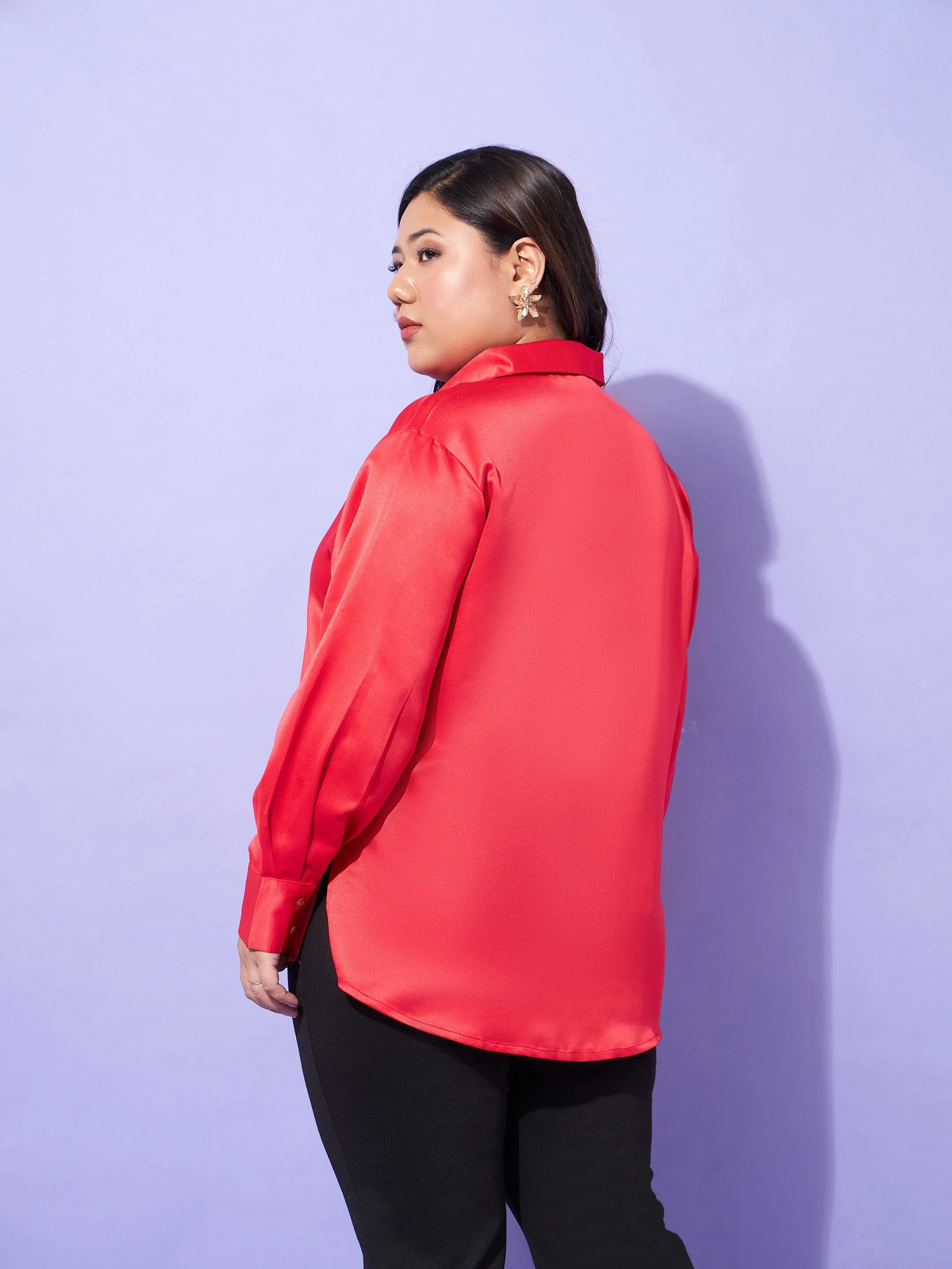Women Red Regular Satin Shirt - Image 5