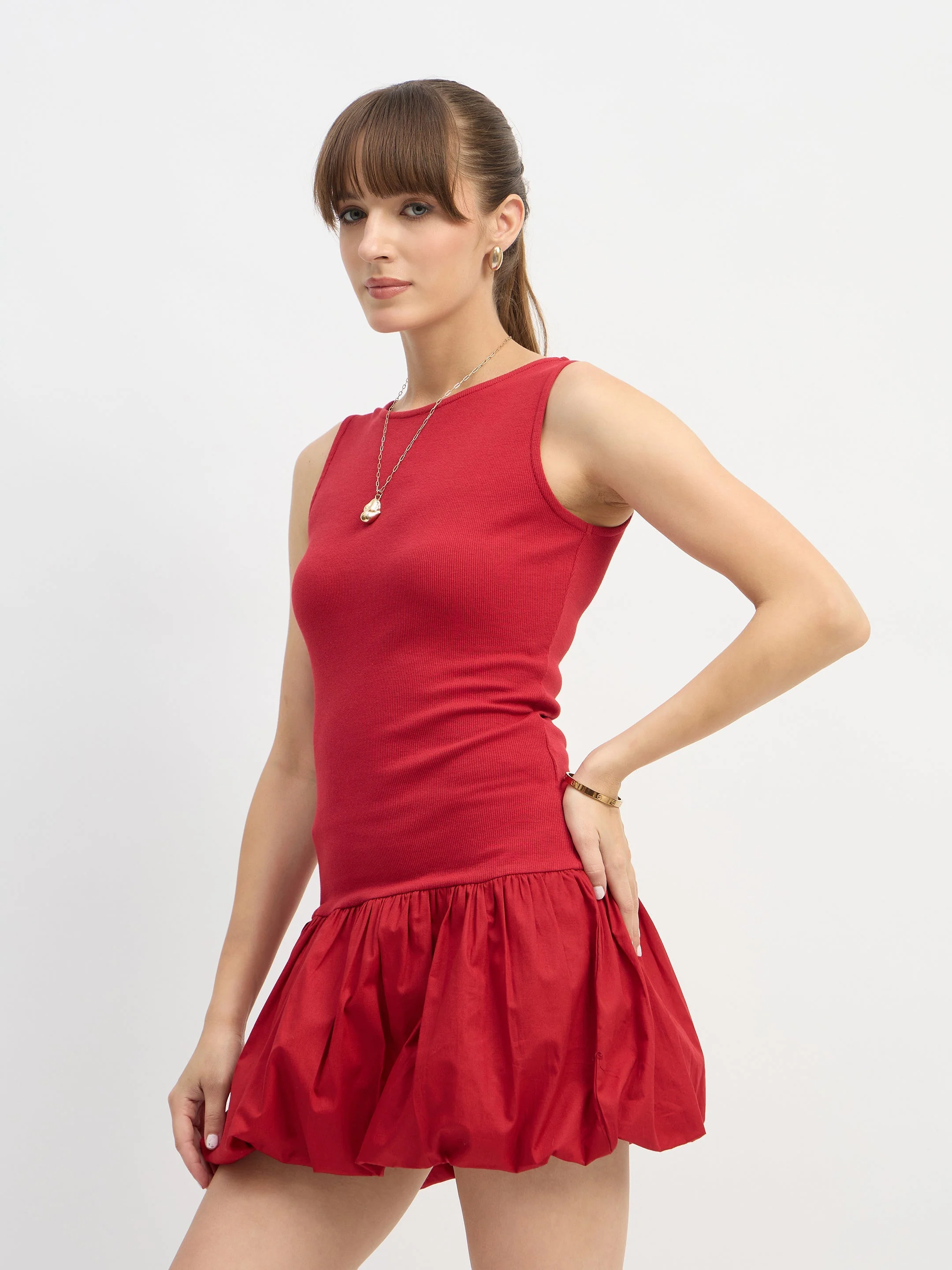 Women Red Rib Balloon Hem Detail Short Dress - Image 3