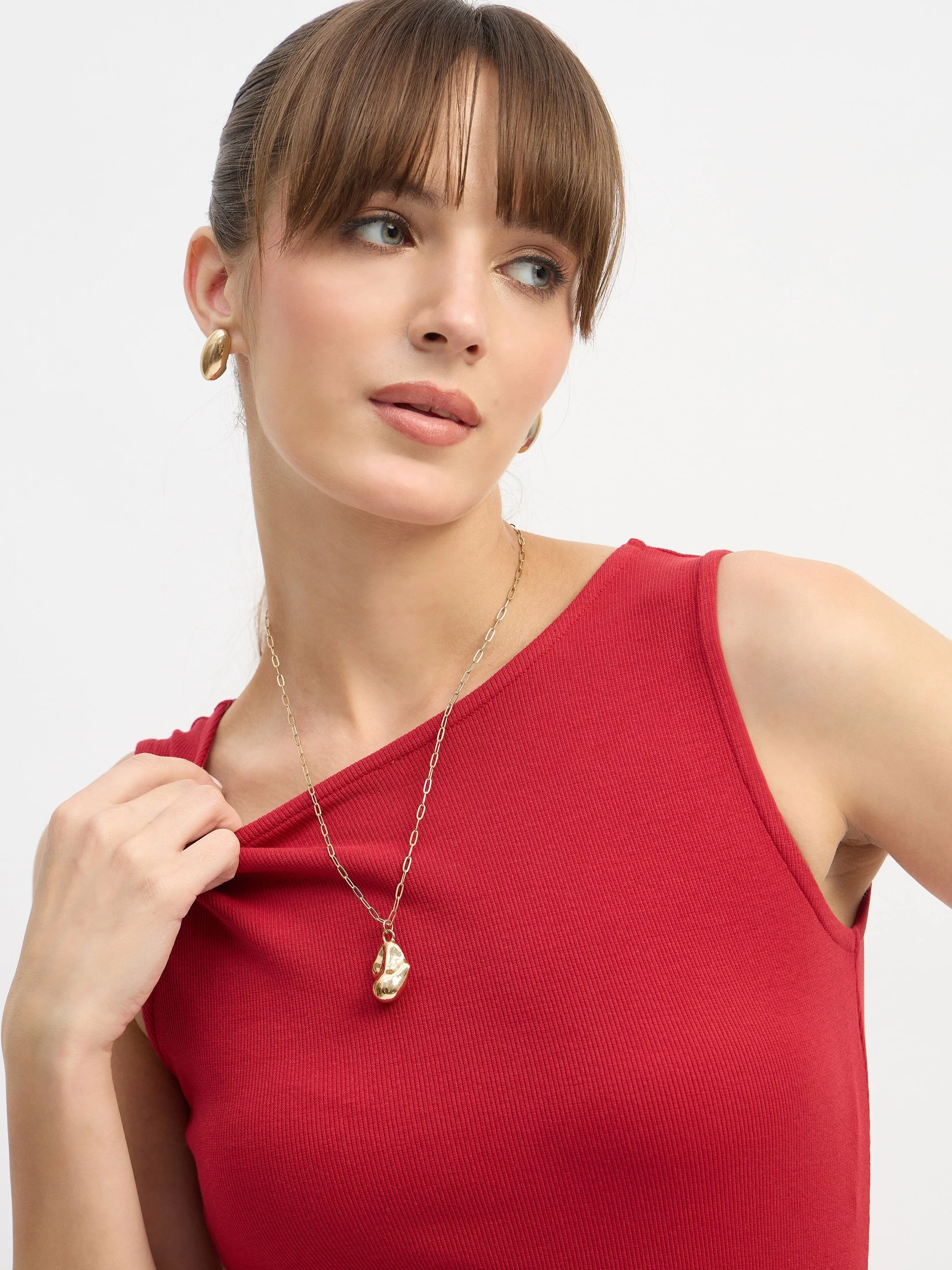 Women Red Rib Balloon Hem Detail Short Dress - Image 4