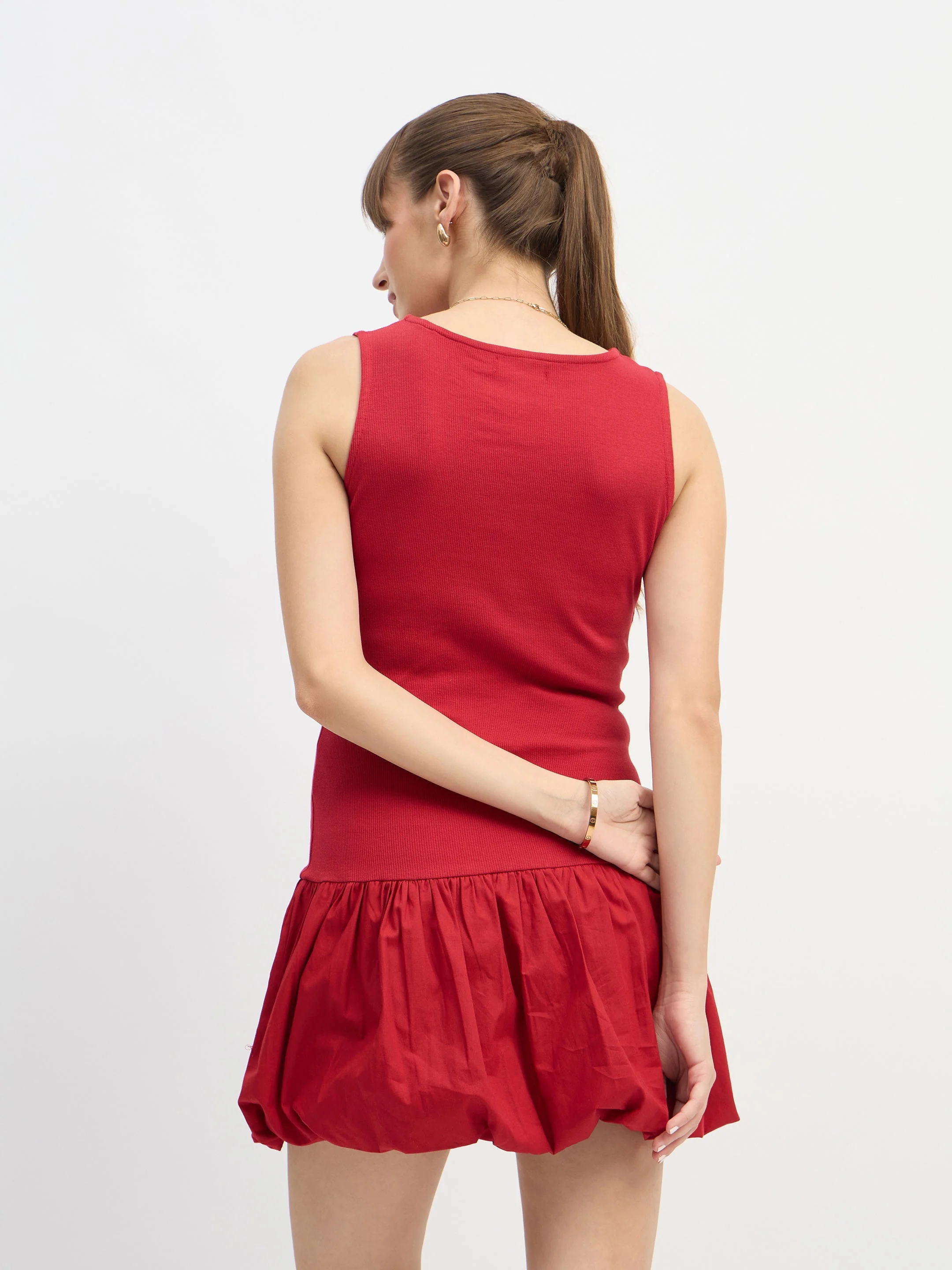 Women Red Rib Balloon Hem Detail Short Dress - Image 5
