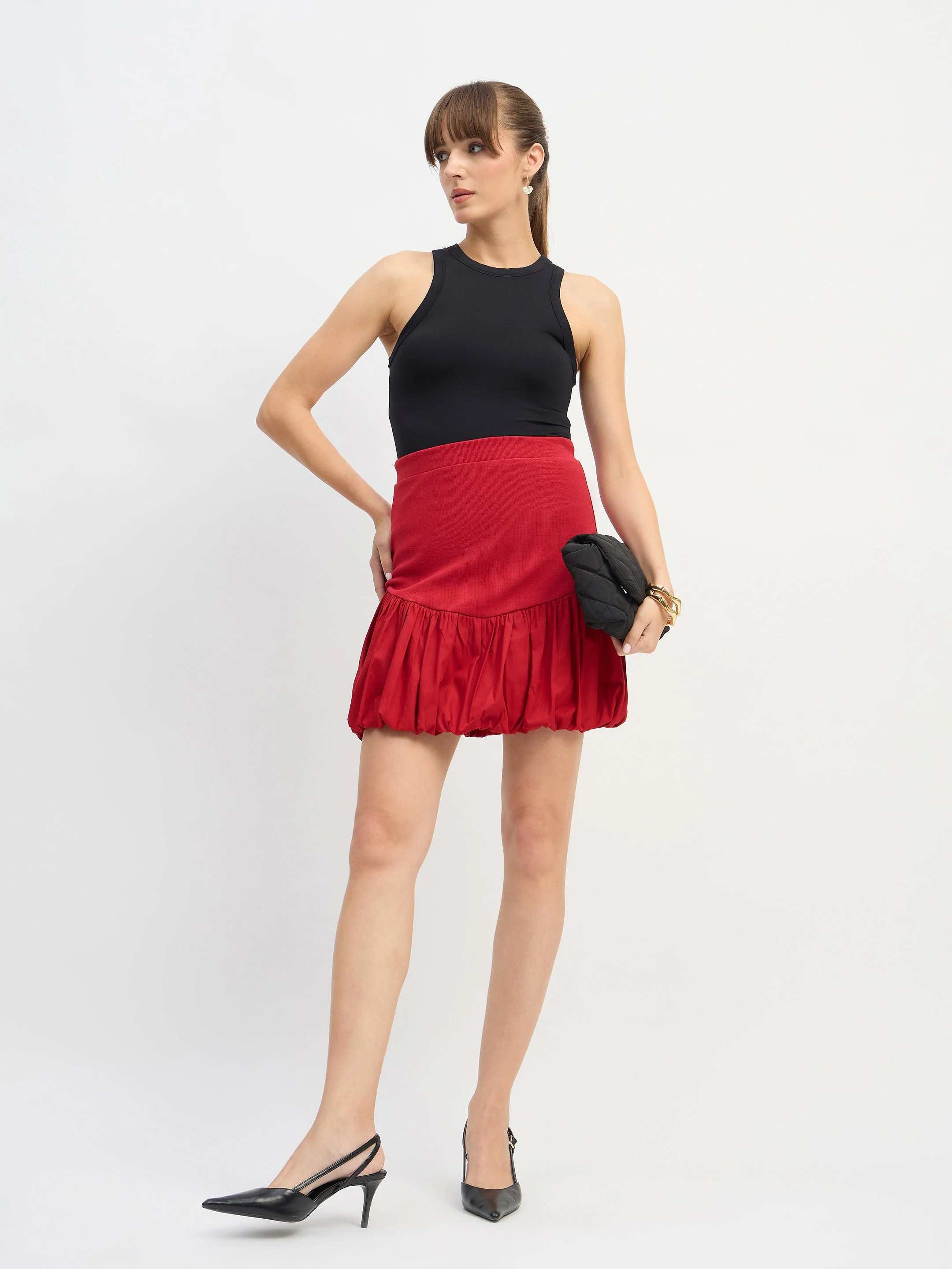Women Red Rib Balloon Hem Mini Skirt - Image 2
