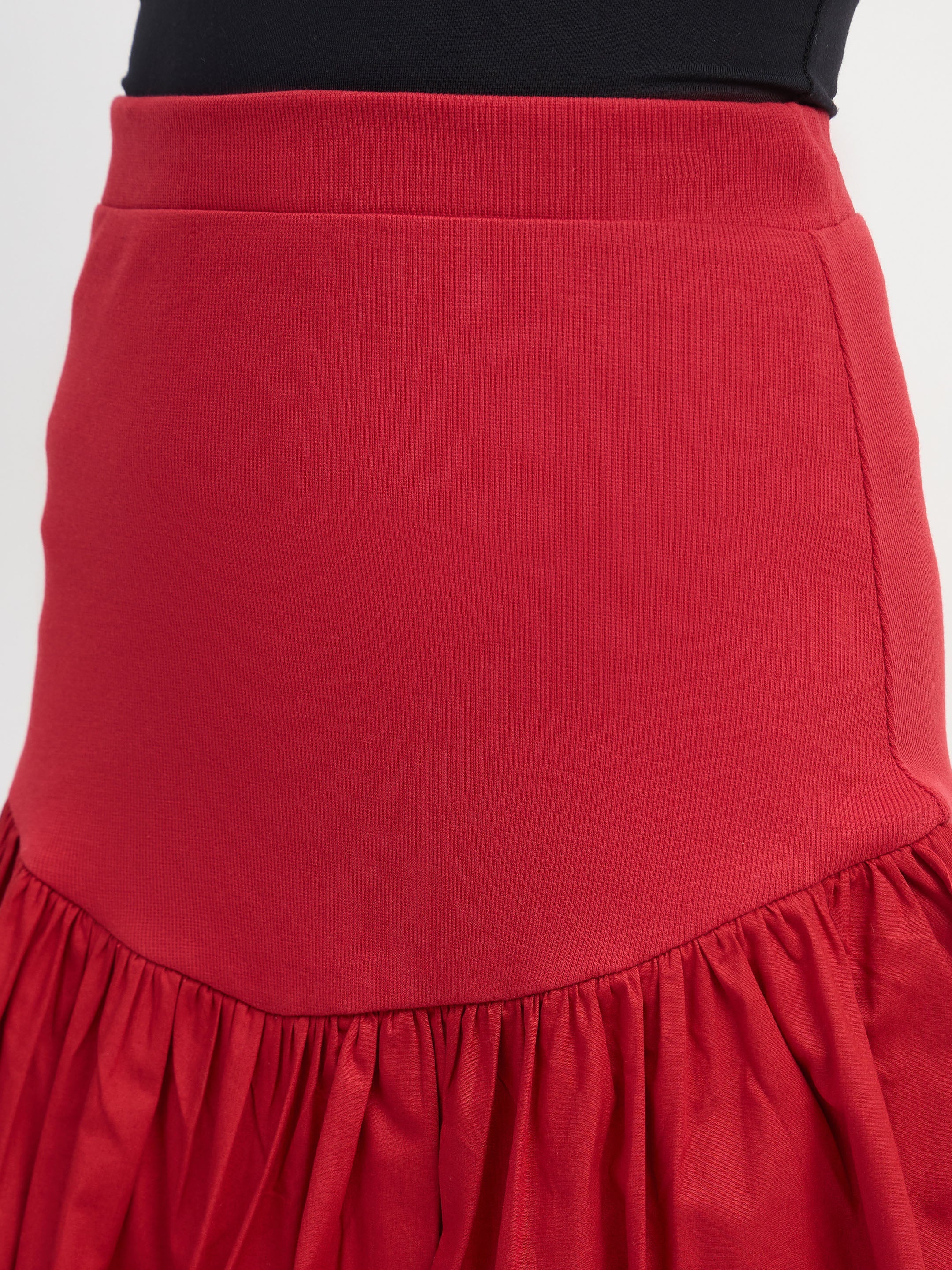 Women Red Rib Balloon Hem Mini Skirt - Image 4