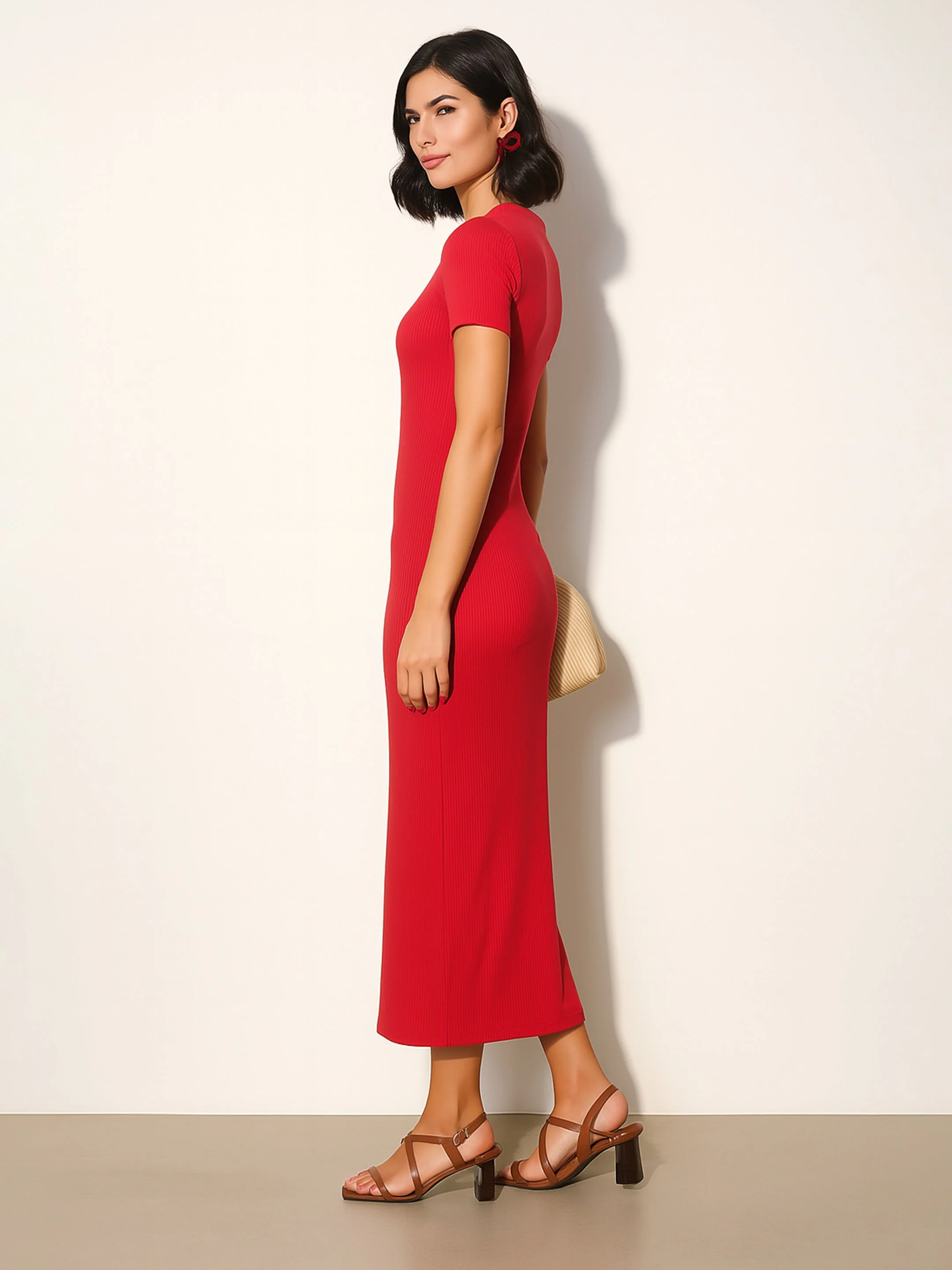 Women Red Rib Bodycon Back Slit Maxi Dress - Image 2